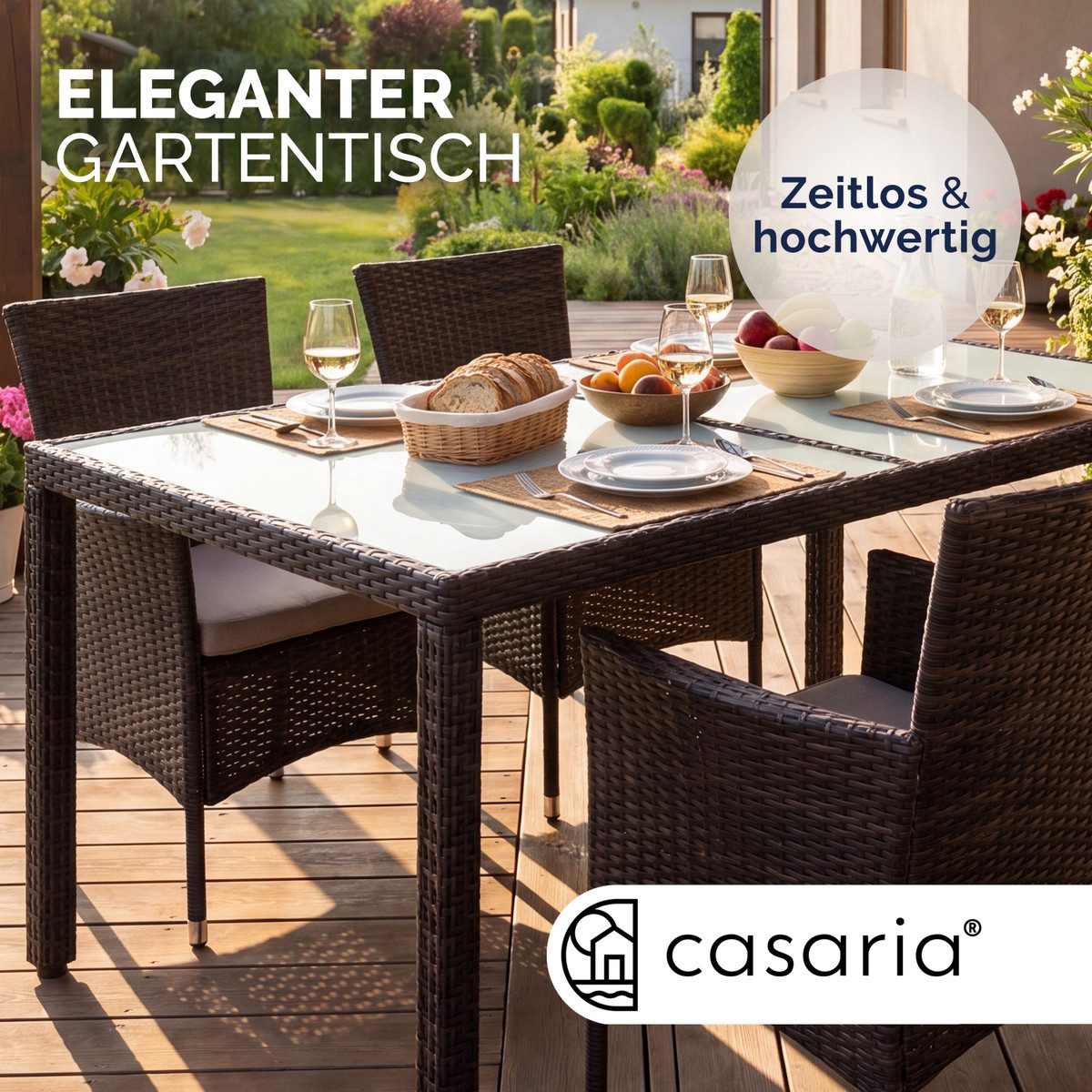 Casaria Gartentisch, Wetterfest 150x90cm Polyrattan Höhenverstellbar 5mm Sicherheitsglas