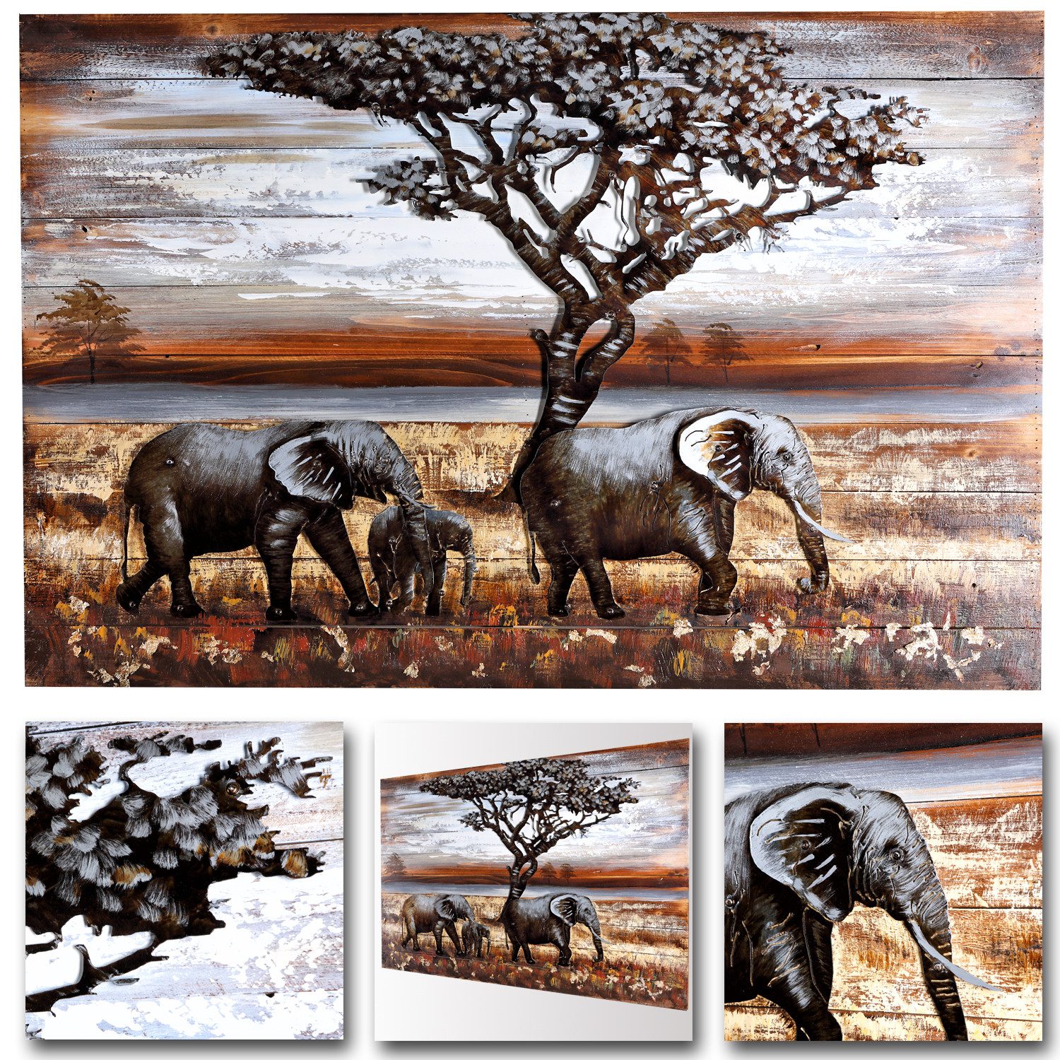 Home4Living Metallbild Wandbild 3D Relief Elefanten 120x80x7 Unikat handgefertigt, Elefanten, 3D Effekt