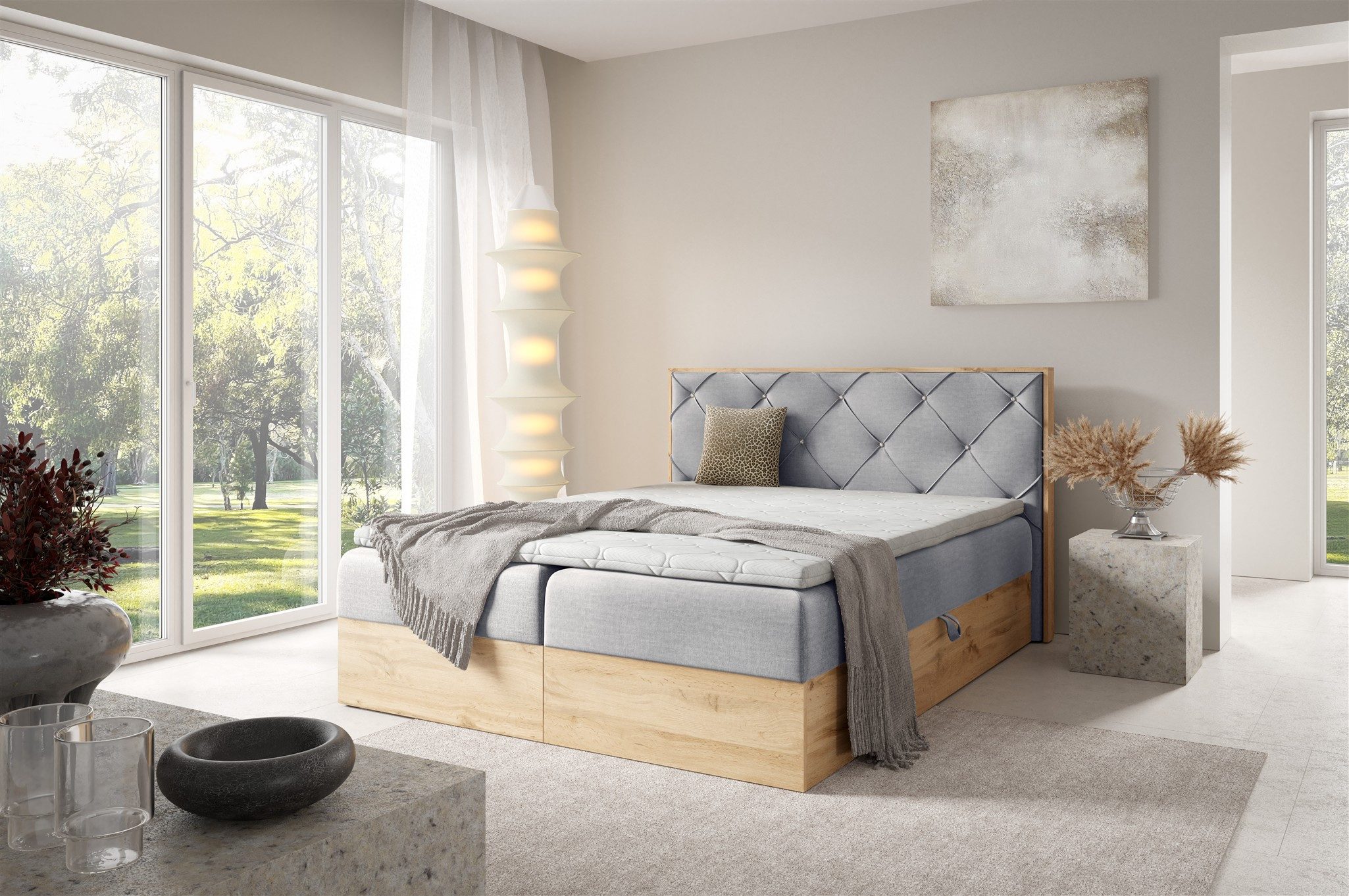 Fun Möbel Boxbett Bett Schlafzimmerbett HELIOS PREMIUM in Stoff Rouge (mit Taschenfederkernmatratze, mit Bettkästen), Strasssteine im Kopfteil