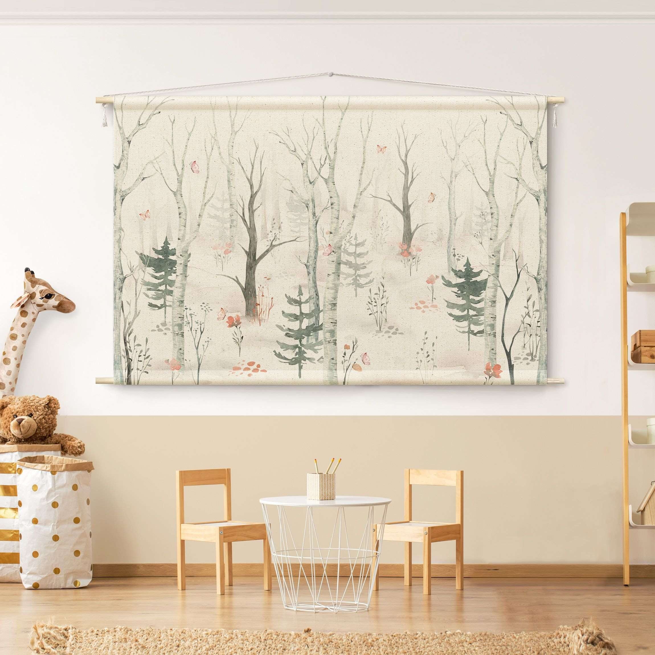 Bilderdepot24 Wandteppich Kinderzimmer modern Wald Natur Tiere Schmetterlinge beige, rechteckig, Höhe: 2.6 mm, großes Wandbild aus Natur-Baumwolle Wandbehang Stoffbild Tuch Wollseil