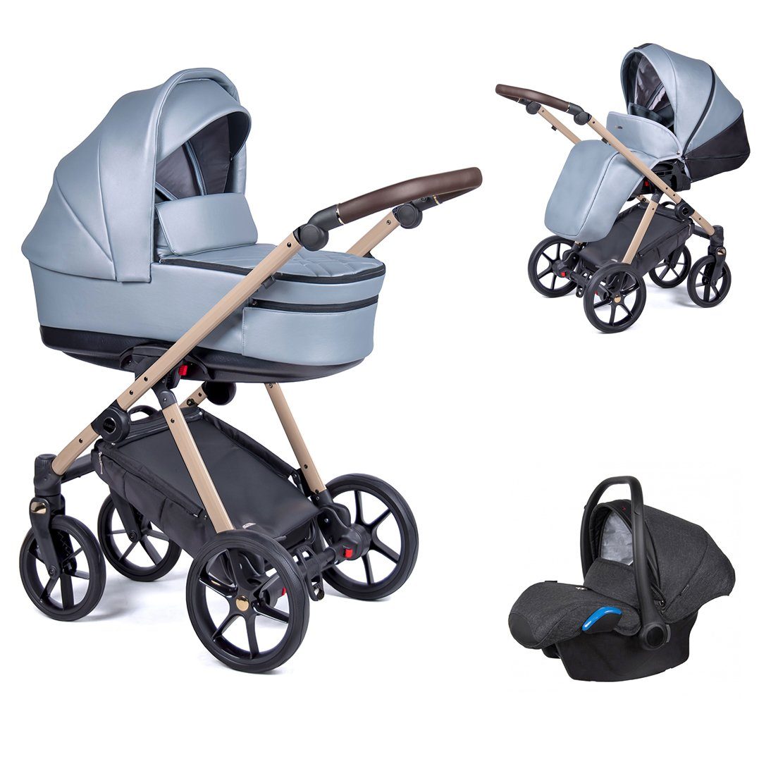babies-on-wheels Kombi-Kinderwagen 3 in 1 Kinderwagen-Set Axxis Premium - 15 Teile - in 12 Designs Oceanblau = Gestell beige