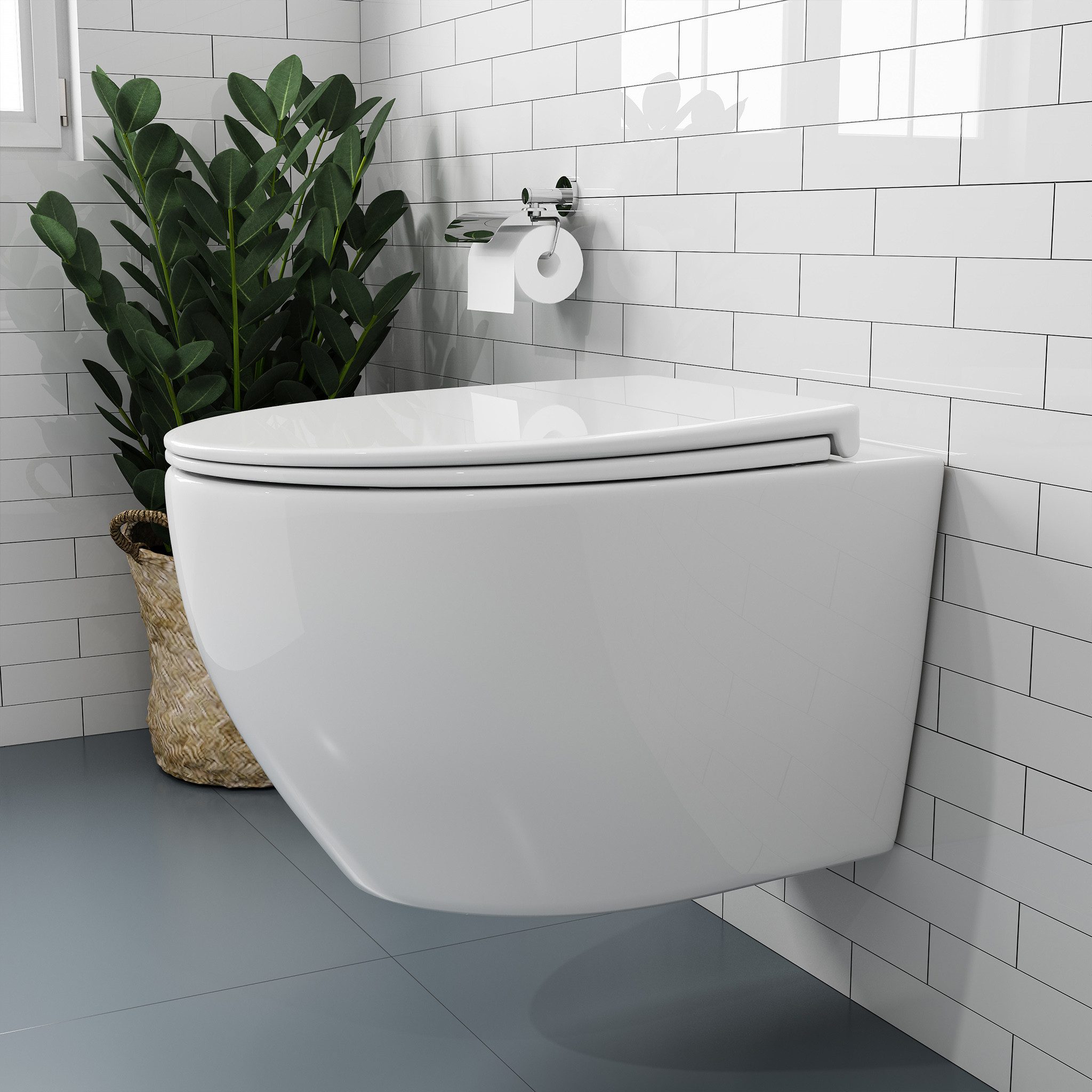 HOROW Tiefspül-WC Hänge WC Spülrandlos Toilette - 360° Einloch Superspin Spülung Wand WC, und WC Sitz mit Absenkautomatik, Abgang WC, Wand-WC mit WC-Sitz Absenkautomatik