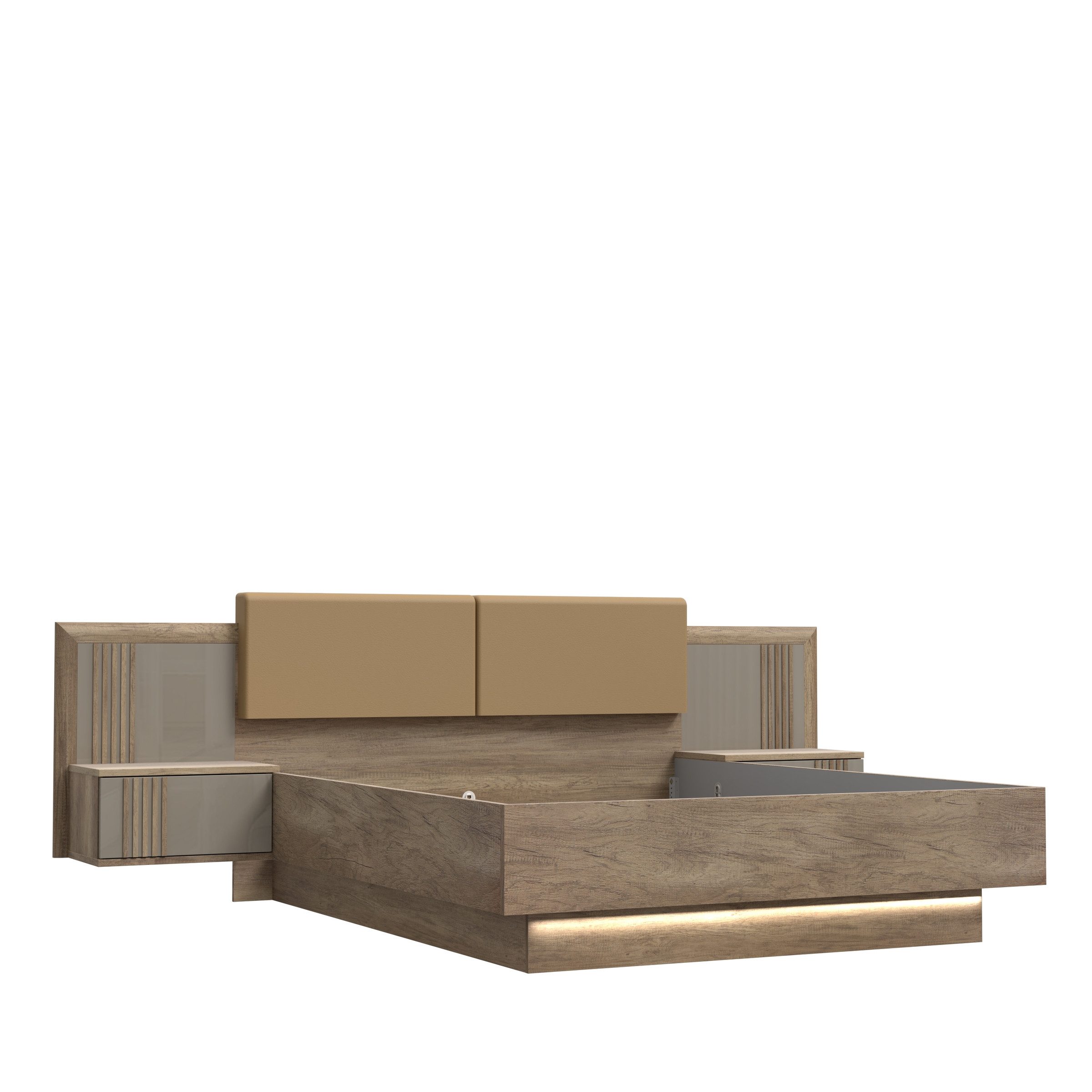 PREISBRECHER Bettanlage SAVONA, mit LED, Eiche Antik Dekor / Beige Glanz - 290,1x97,5x206,6cm (BxHxT)