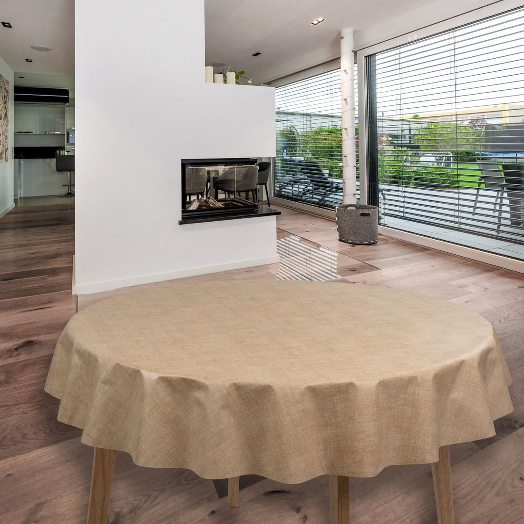 Tischdecke Wachstuch-Tischdecken Leinenoptik Beige Rund 140cm