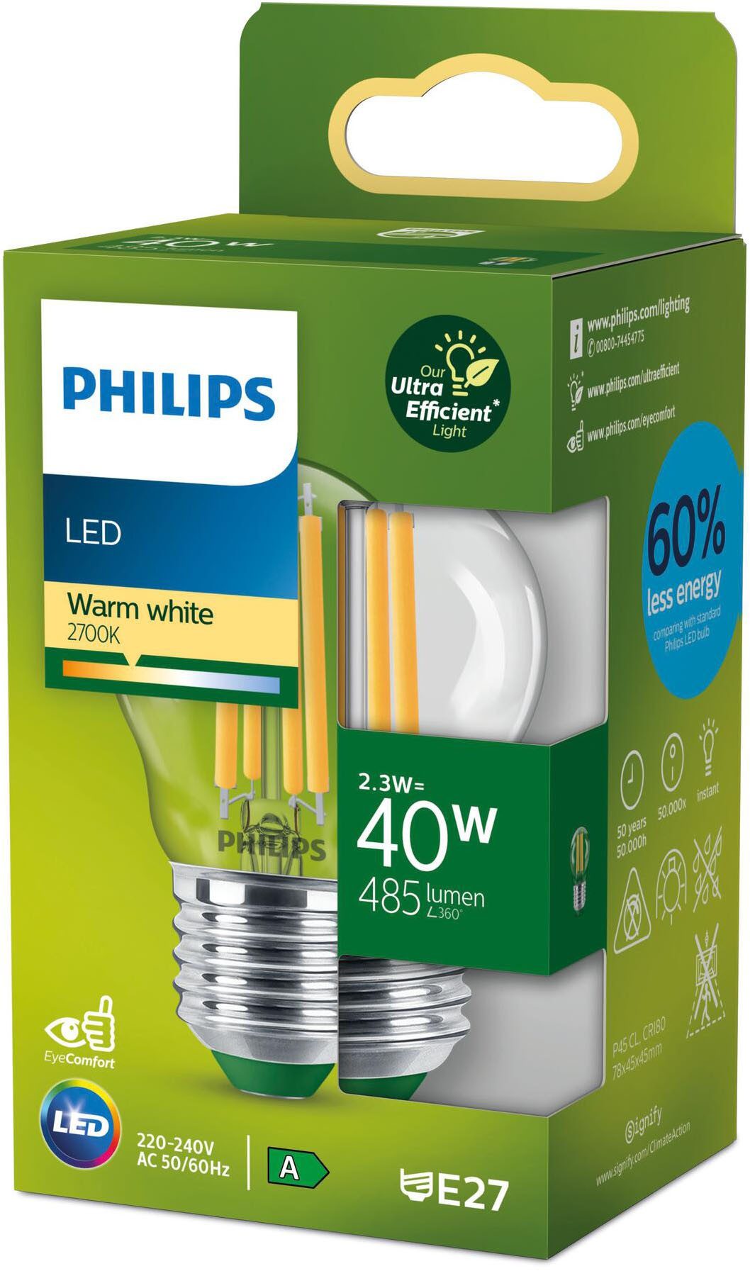 Philips Hue LED-Leuchtmittel Classic LED-A-Label Lampe 40W E27 Klar warmweiß Tropfen, E27