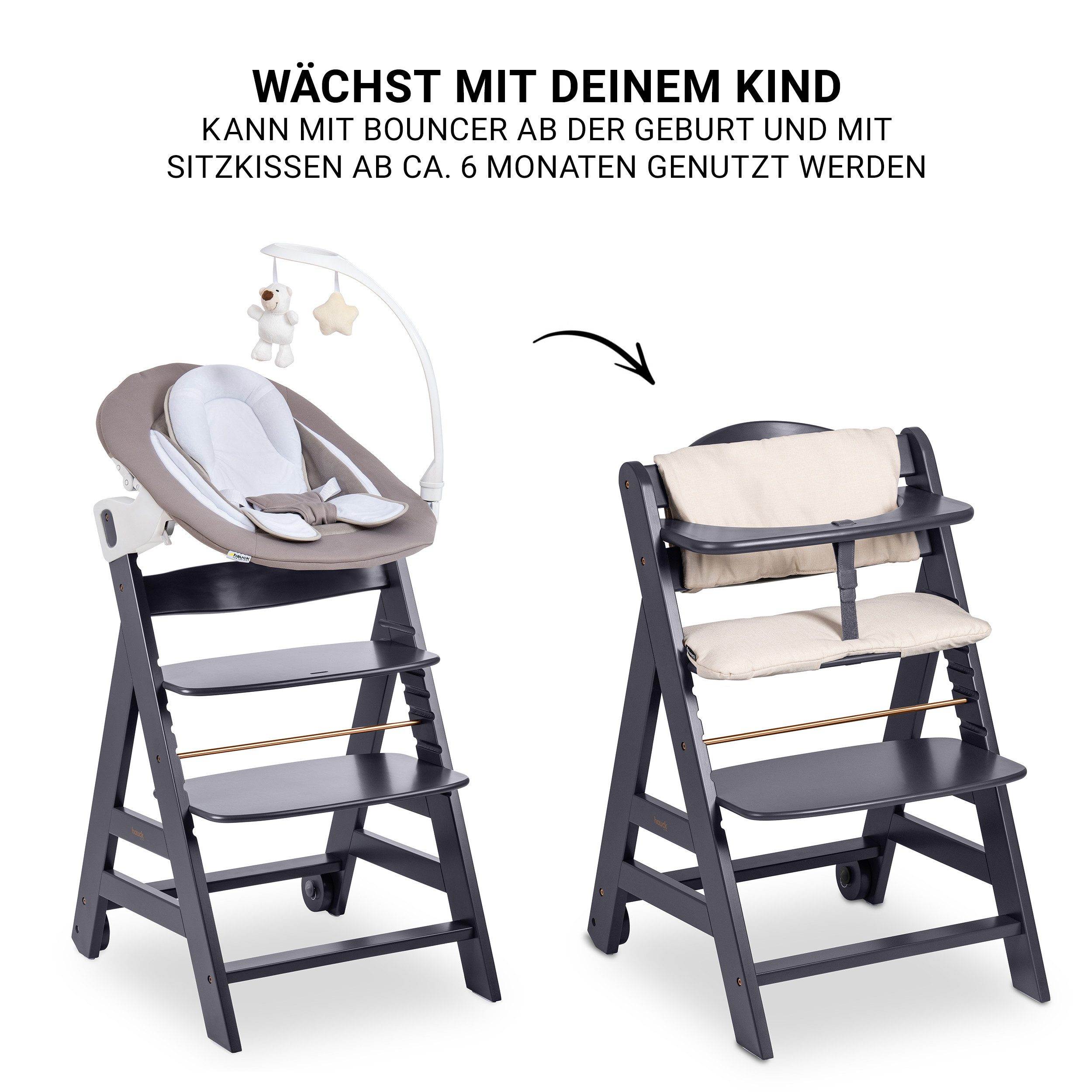 Hauck Hochstuhl Beta Plus Newborn Dark Grey Newborn Set - Deluxe, Holz Babystuhl ab Geburt mit Neugeborenenaufsatz, Sitzkissen, Essbrett