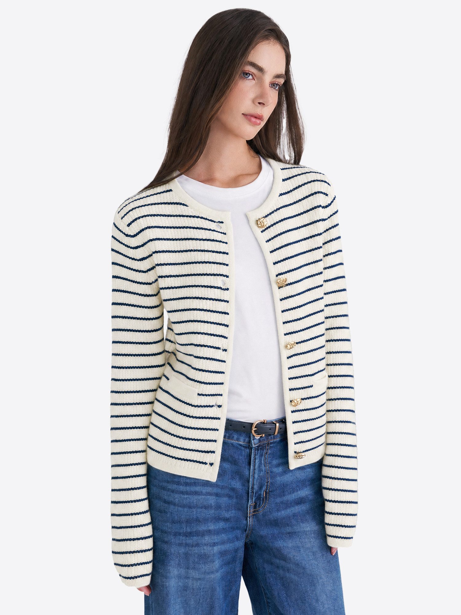 Imily Bela Cardigan Damen Gestreifter Strickcardigan (Packung, 1-tlg., 1per-Pack) mit Knöpfe