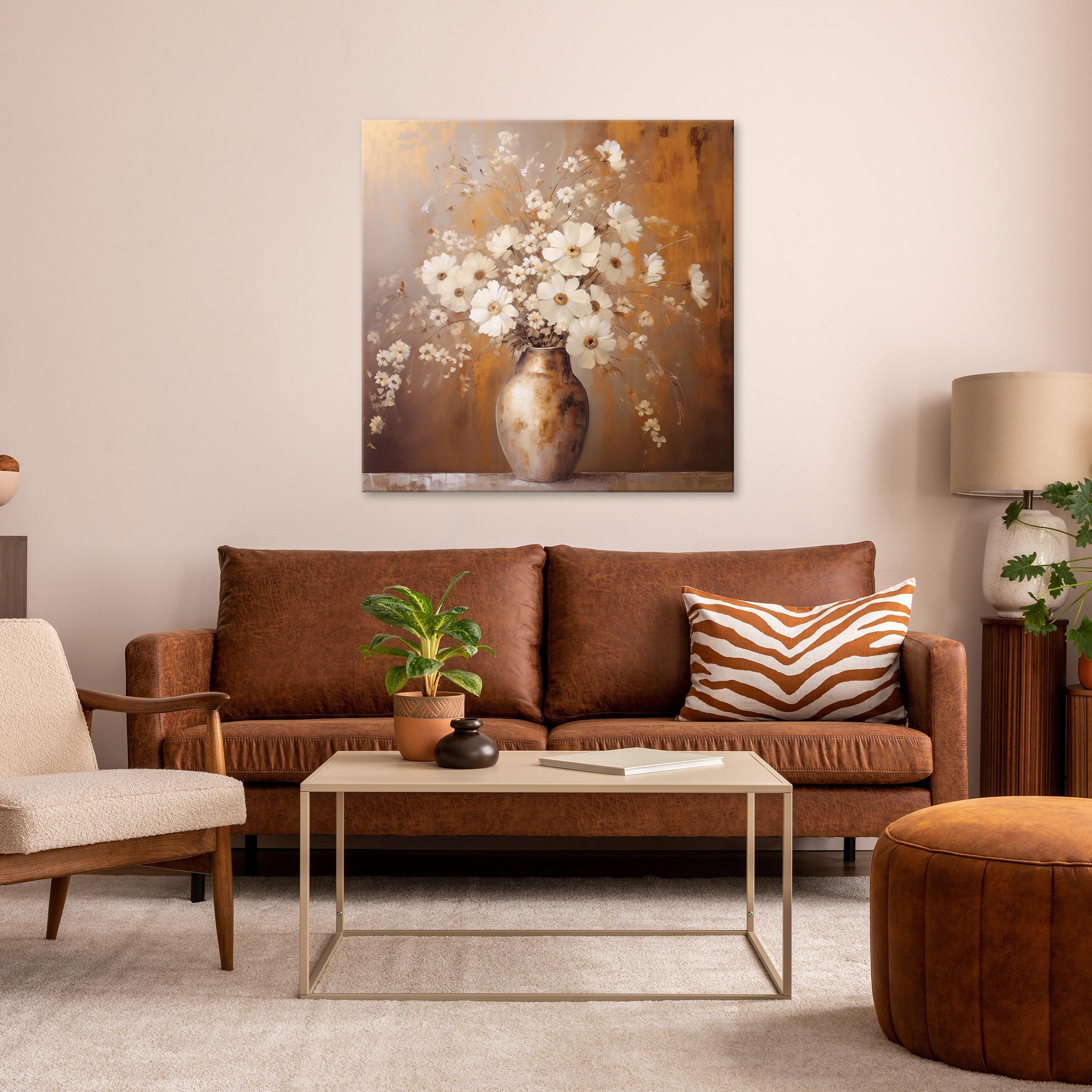 Wallarena Leinwandbild Blumen in der Vase Abstrakt beige Wandbild XXL Leinw günstig online kaufen