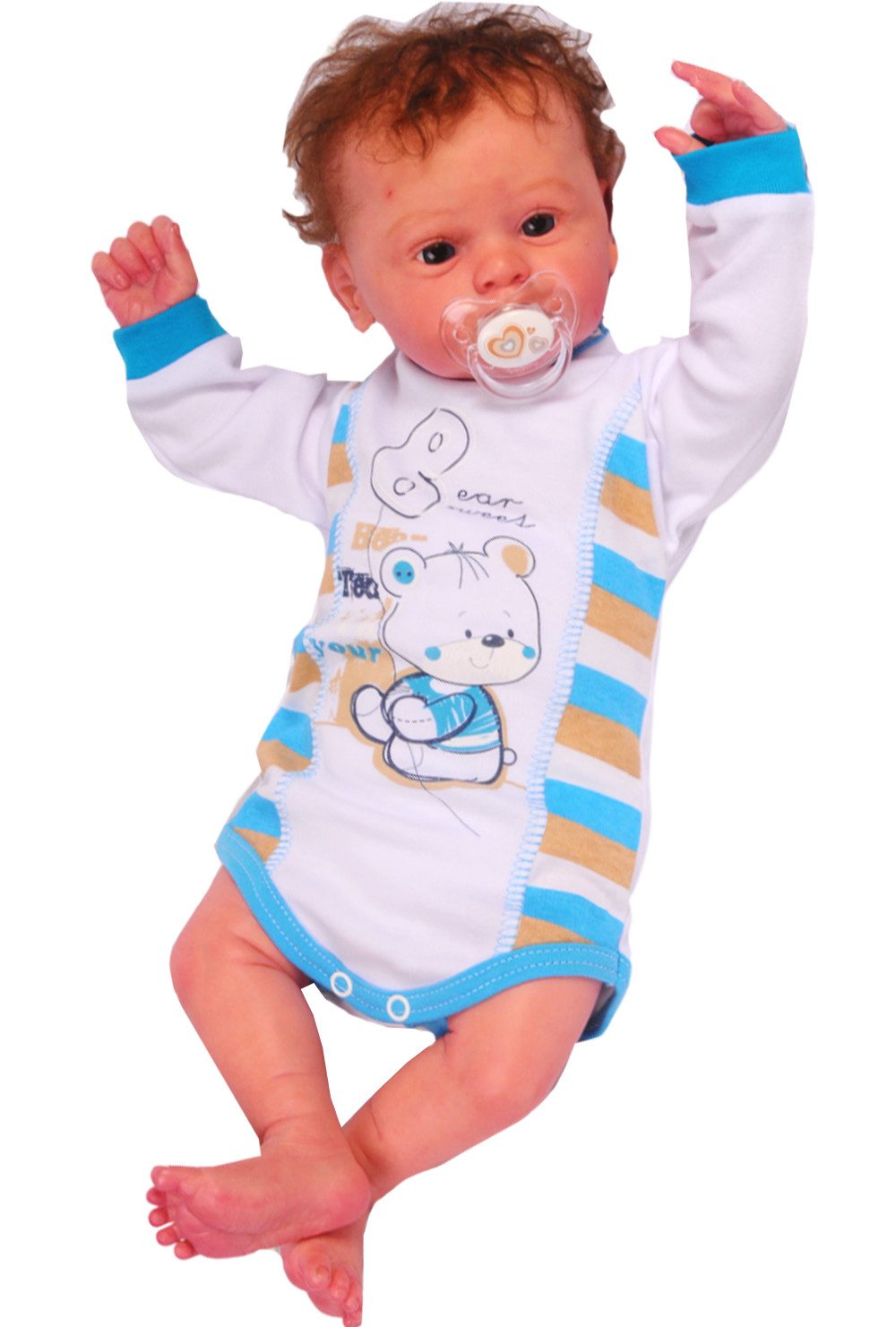 La Bortini Body Baby Langarmbody gestreift mit Bärchen aus reiner Baumwolle, 44 50 56 62 68