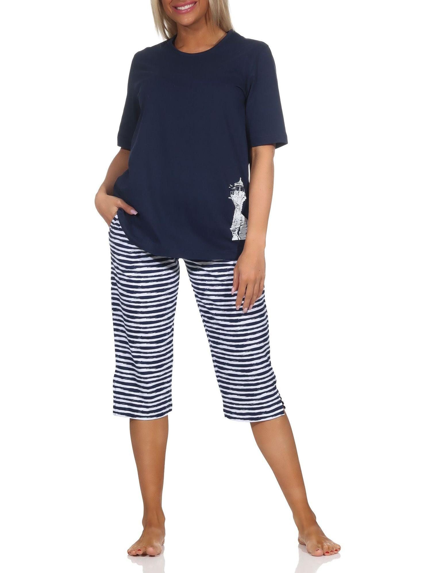 Normann Pyjama Damen kurzarm Capri Schlafanzug in maritimer Optik -auch in Übergröße