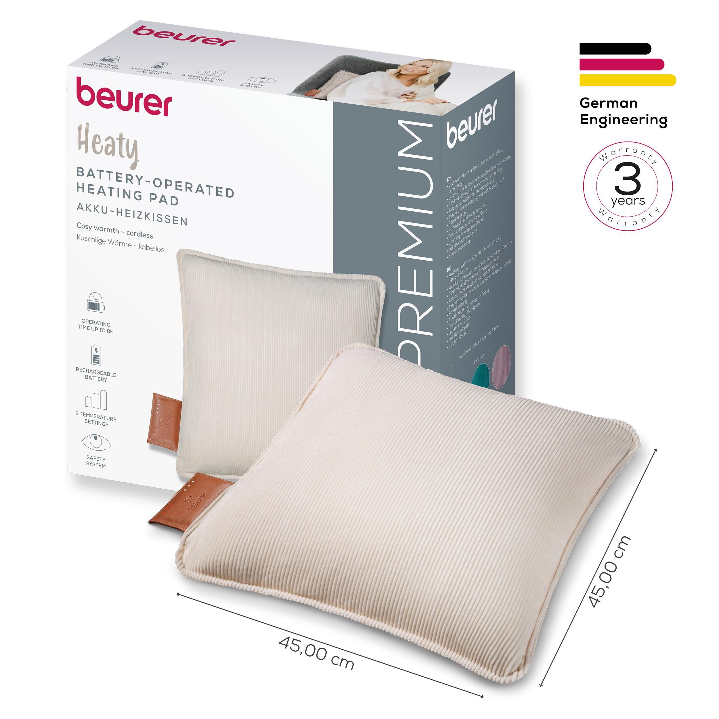 BEURER Heizkissen HK 77 Heaty, kabellos, Stylisches Design mit modernem Cordstoff, 3 Temperaturstufen, 45x45 cm