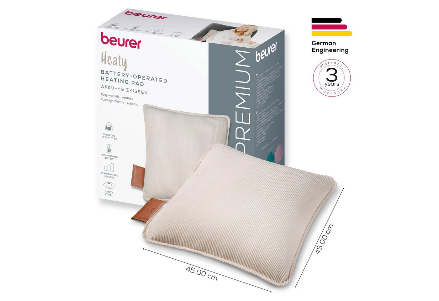BEURER Heizkissen HK 77 Heaty, kabellos, Stylisches Design mit modernem Cordstoff, 3 Temperaturstufen, 45x45 cm