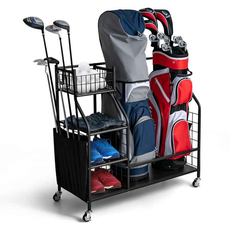 COSTWAY Golftrolley, mit Rollen & Haken, passend für 2 Golftaschen & Zubehör