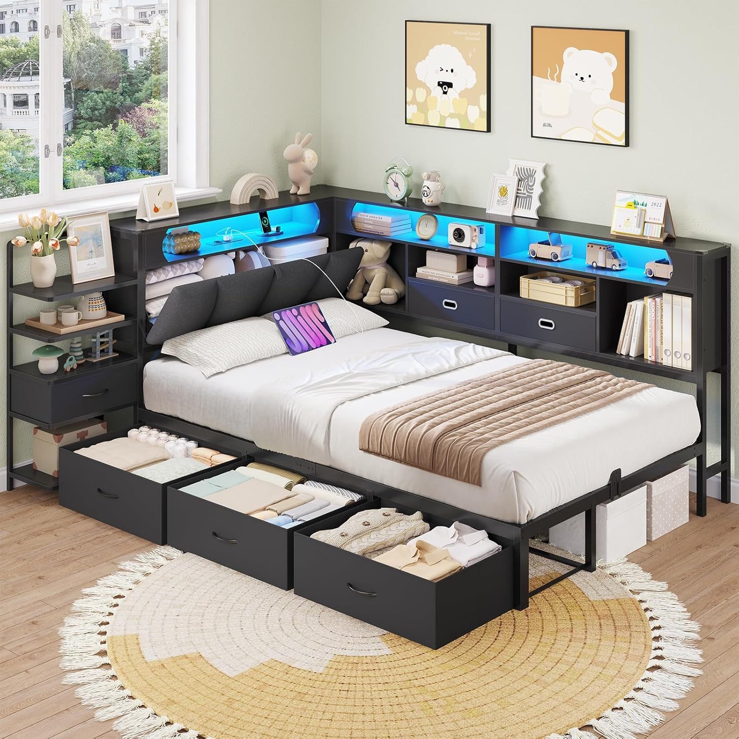 MSMASK Jugendbett mit 6 Schubladen, LED-Beleuchtung & Lade-Station, Schlafsofa, Daybett (Ohne Matratze), Multifunktionsbett 90x200cm mit gepolsterter Kopflehne & Stauraum