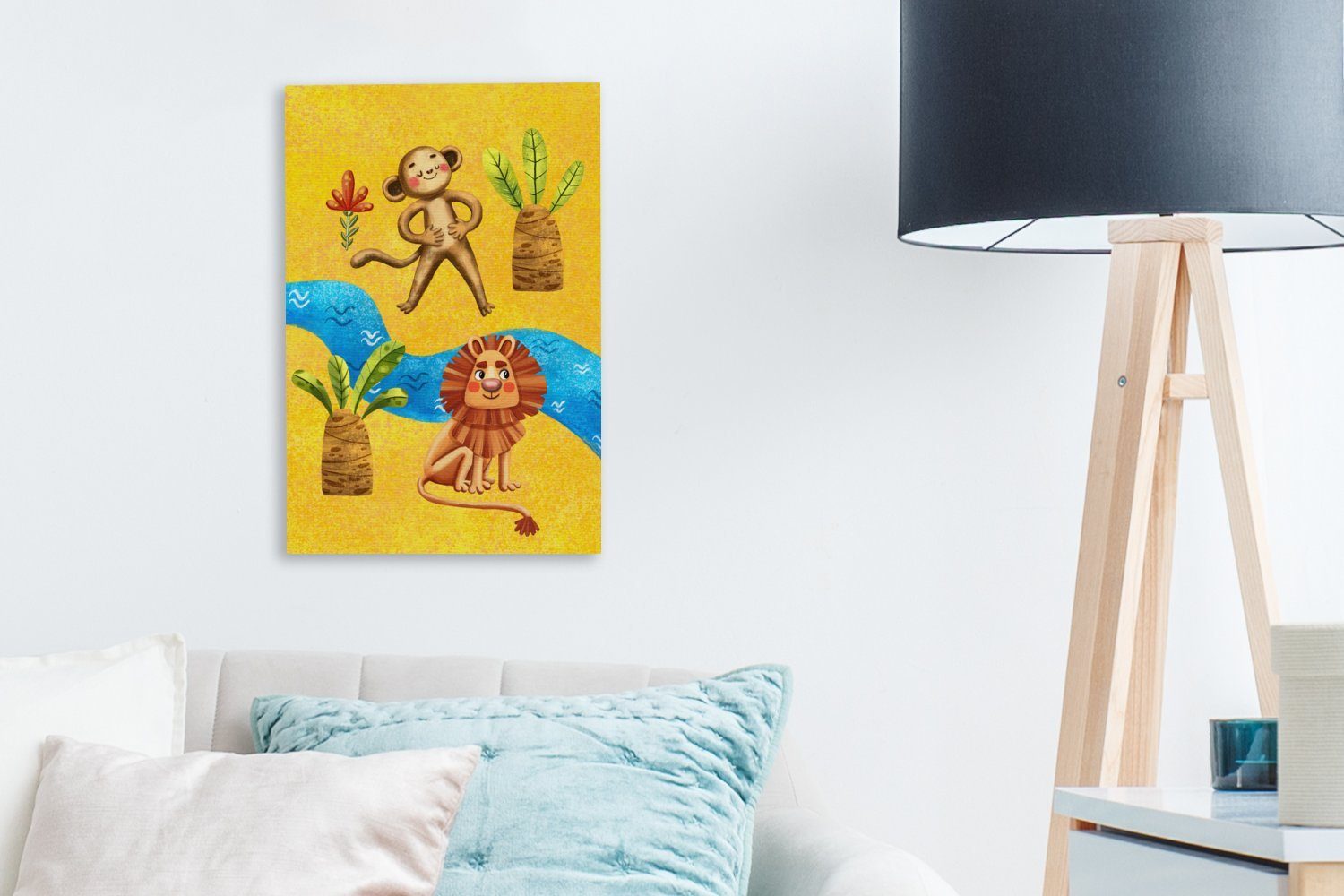 OneMillionCanvasses® Leinwandbild Affe - Löwe St), Gemälde, cm Wasser, - 20x30 (1 Leinwandbild fertig bespannt Zackenaufhänger, inkl. - Palme