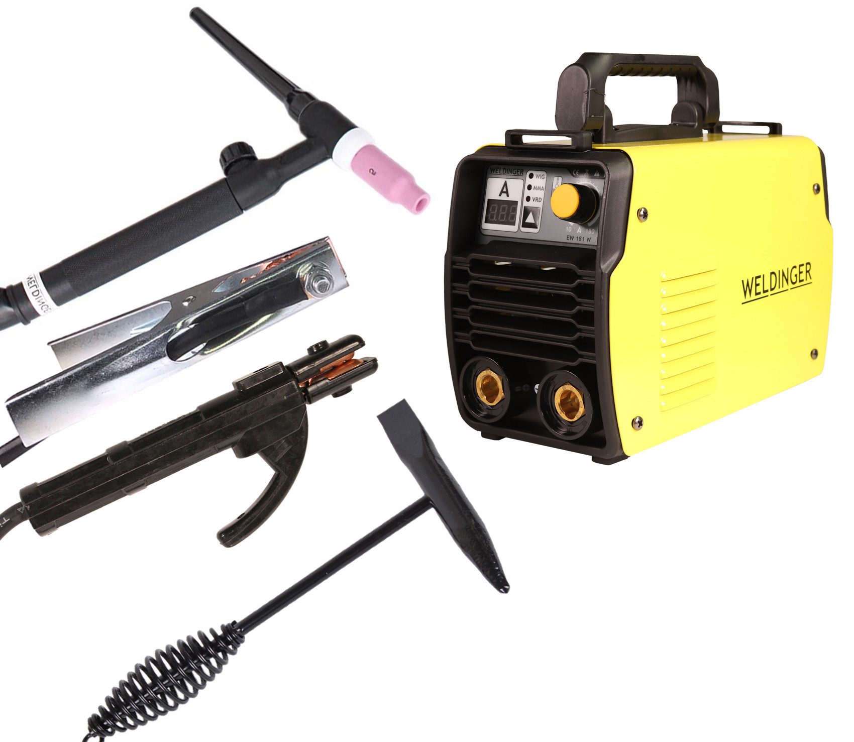 WELDINGER Elektroschweißgerät Elektroden-Schweißinverter EW 181w 180 A VRD mit WIG-Schlauchpaket, 20 - 180 A, Komplettset, Tragegurt, WIG-Schlauchpaket