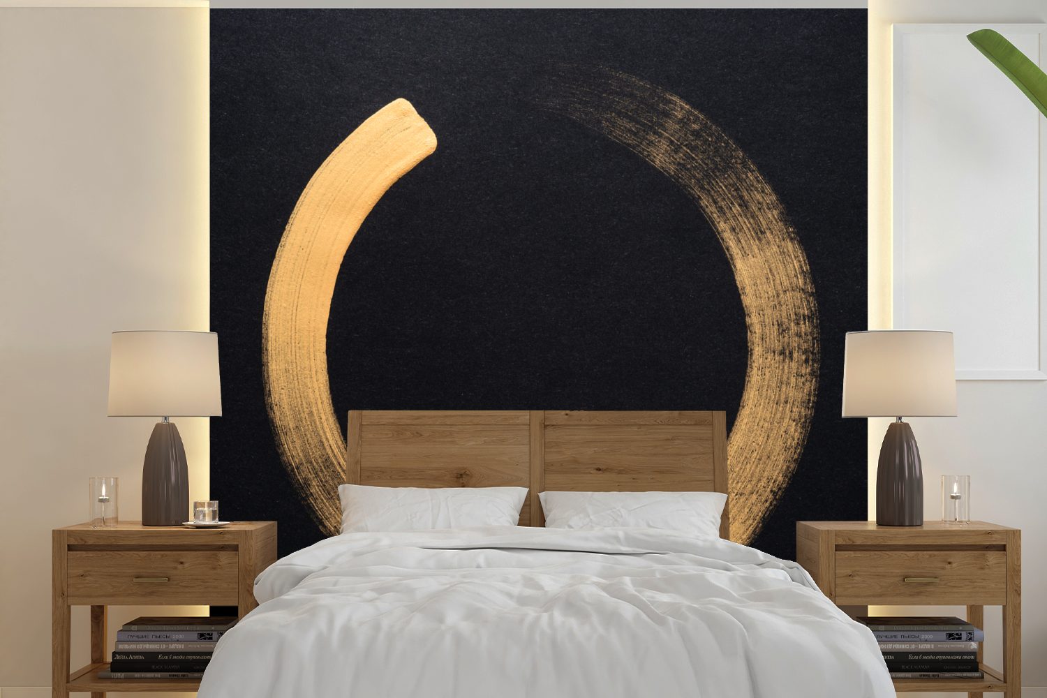 MuchoWow Fototapete Goldener Kreis auf dunklem Hintergrund, Matt, bedruckt, (5 St), Vinyl Tapete für Wohnzimmer oder Schlafzimmer, Wandtapete