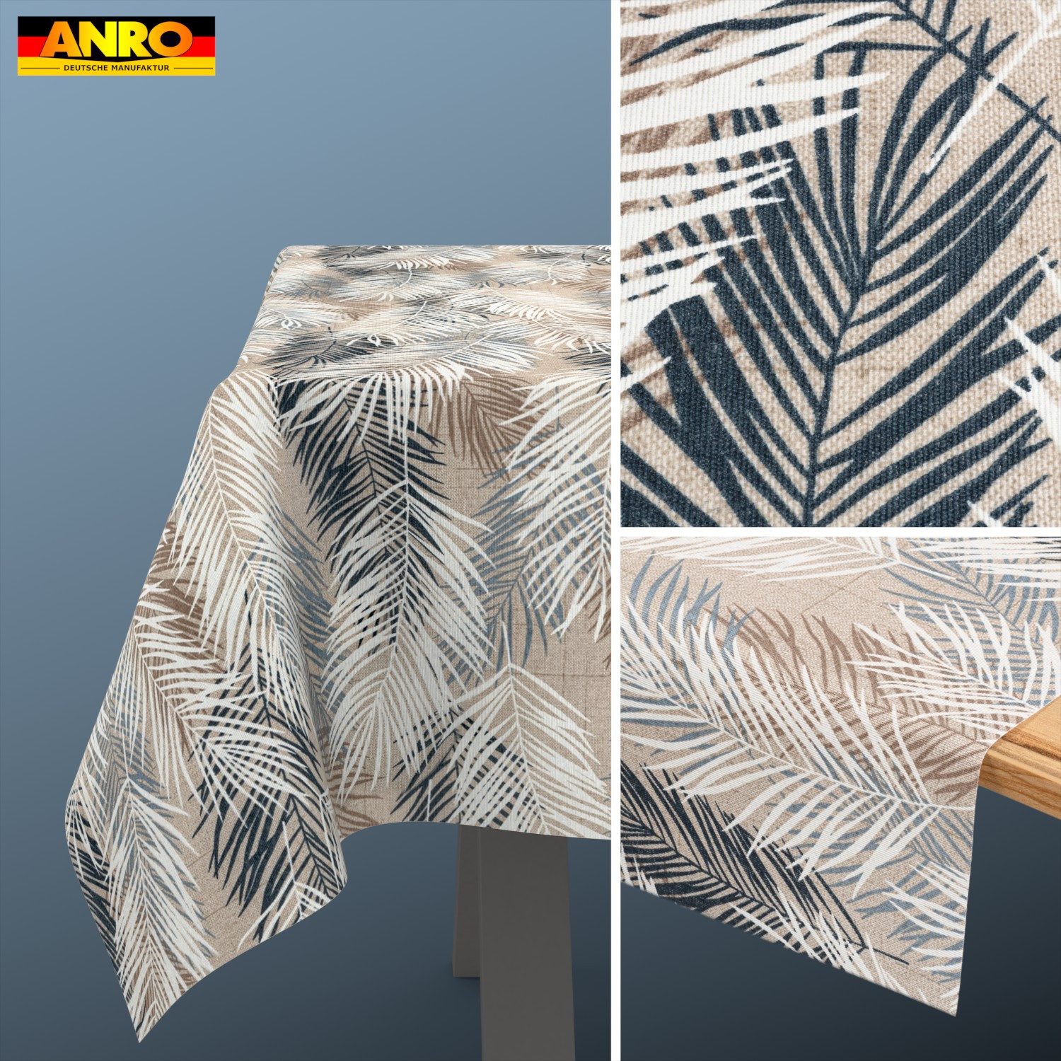 ANRO Tischdecke abwaschbar Baumwolloptik Palmenblätter Grau wetterfest (Einzelstück 1-tlg, eine Tischdecke), Stofftischdecke schmutzabweisend 100x140cm Palmenblätter Grau