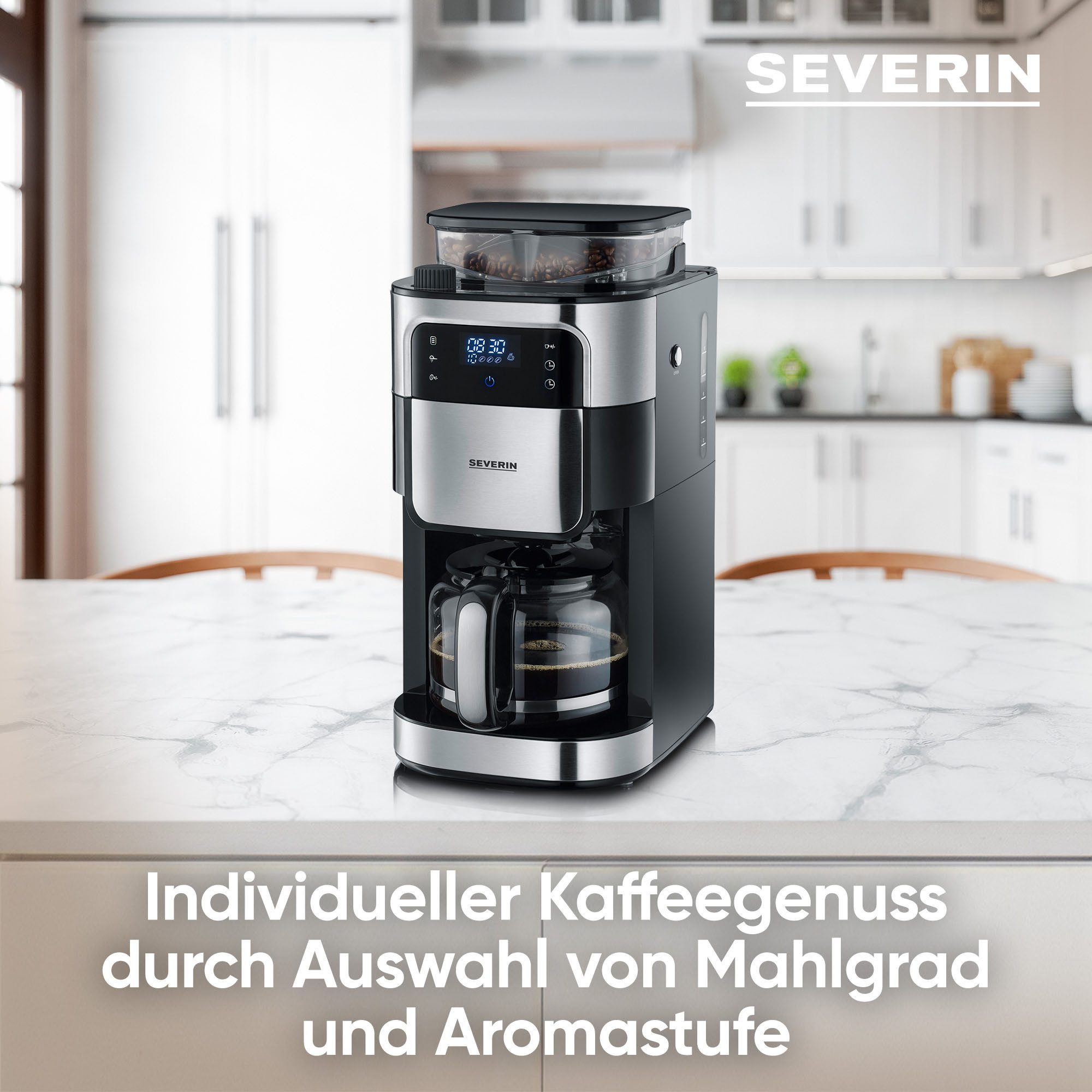 Severin Kaffeemaschine mit Mahlwerk KA 4813, 1,25l Kaffeekanne, Permanentfilter 1x4, Mahlgrad und Kaffeemenge einstellbar, Warmhalten: bis 60 Min., Timer
