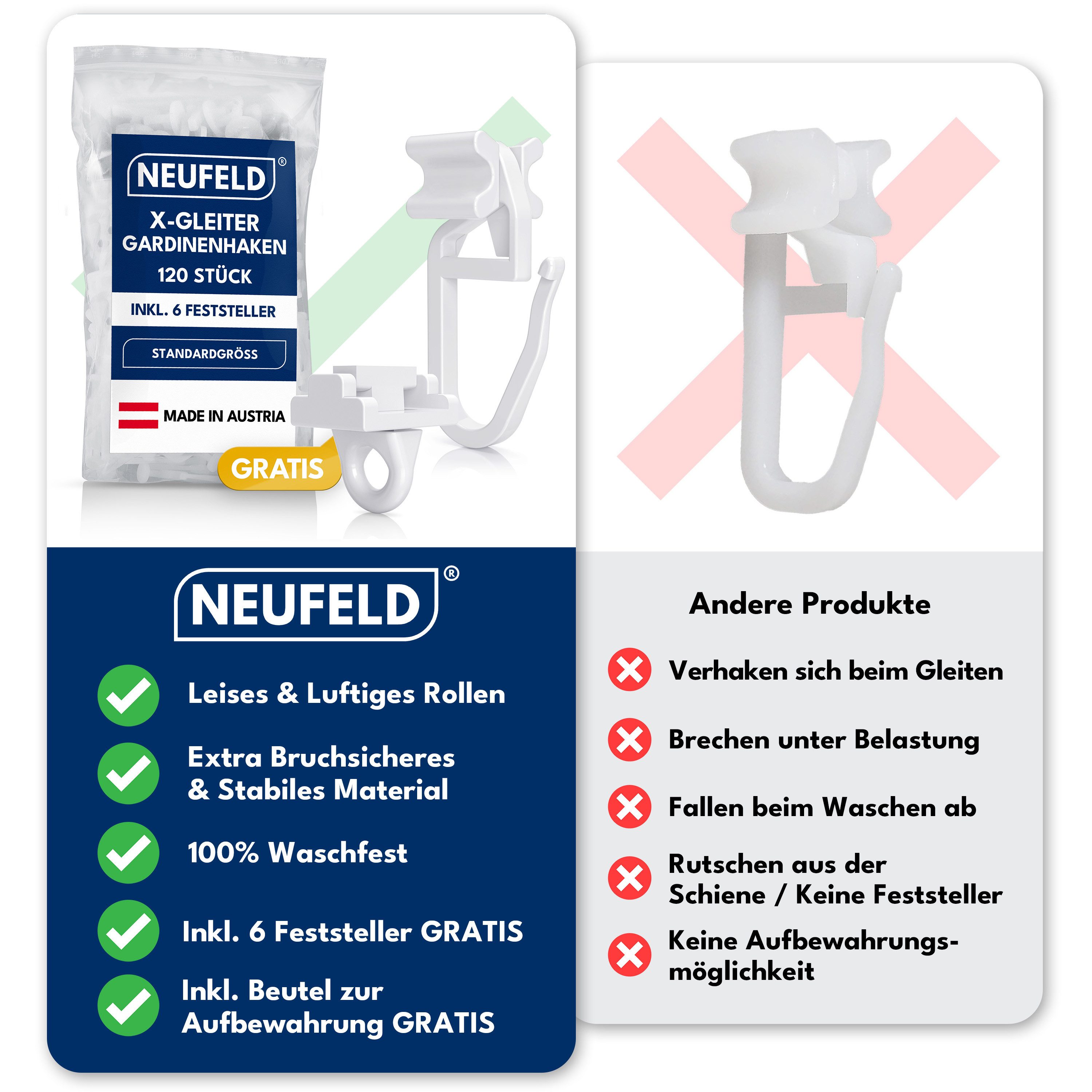 NEUFELD Gardinengleiter X-Gleiter 120 Stück inkl. 4 Feststeller, für 6mm Innenlaufschienen, (Set, 120 X-Gleiter inkl. 6 Feststeller), waschfest · leichtgängig · – Bild 2 von 5