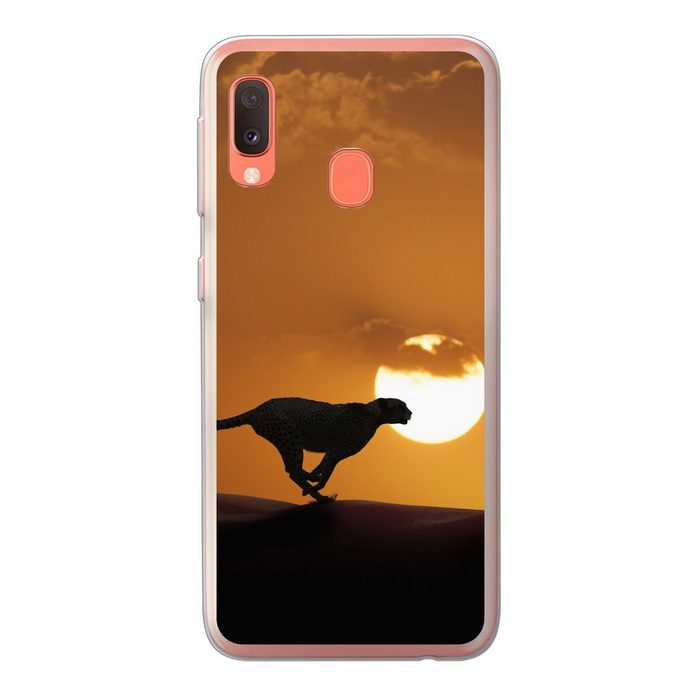 MuchoWow Handyhülle Silhouette eines Geparden in der Wüste Handyhülle Samsung Galaxy A20e Smartphone-Bumper Print Handy