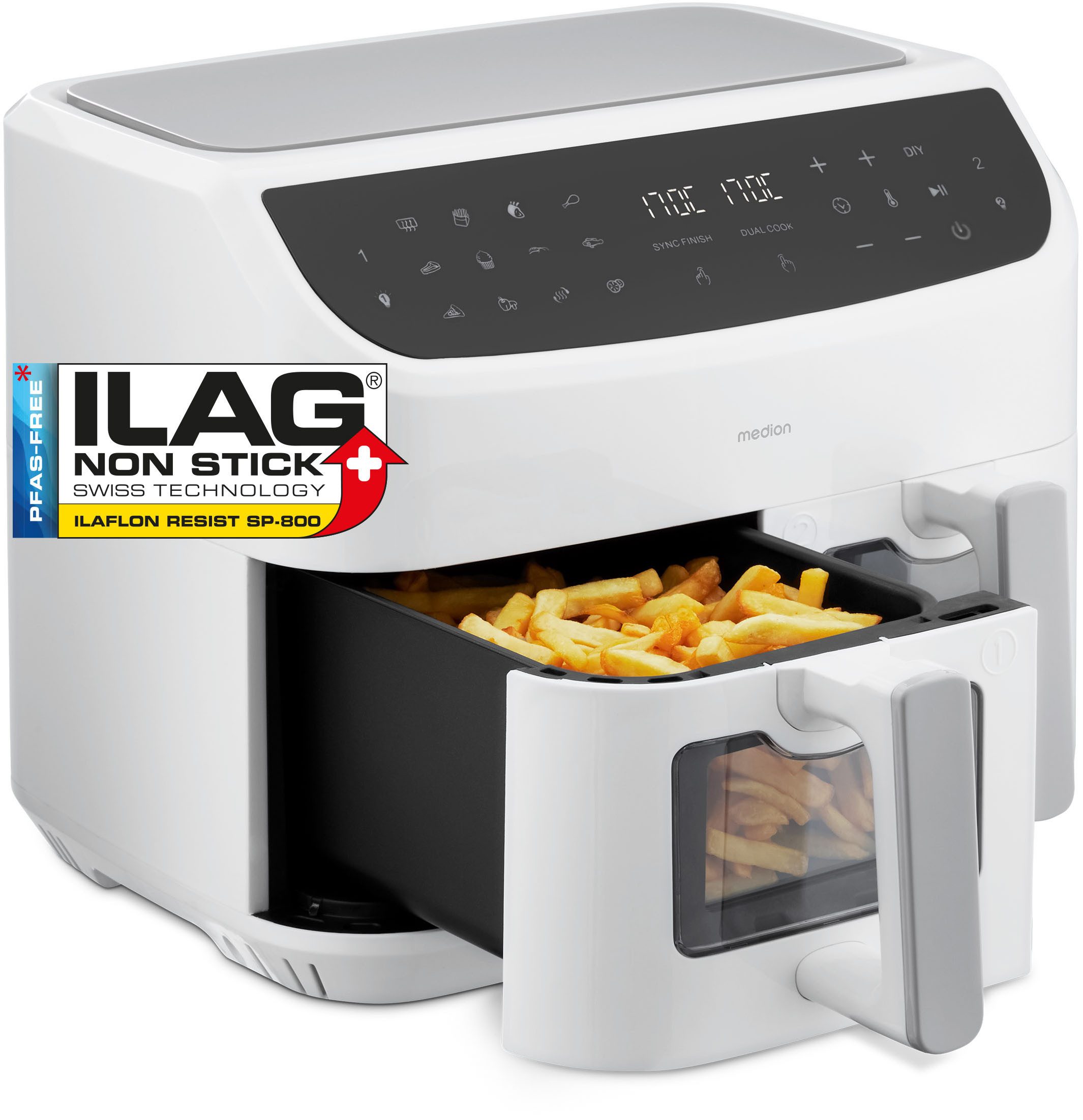 Medion® Heißluftfritteuse MD11760 P20 XXL, 2 separat gesteuerte Garkammern, Touch Display, 2400 W, Temperatur 50 - 200 °C, ILAG Beschichtung, Sync-Finish
