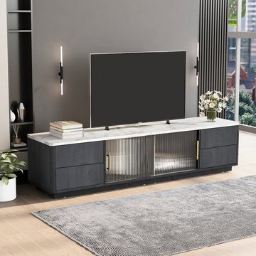 Merax Lowboard mit Push-to-Open Funktion, TV-Schrank, in Marmoroptik mit vier Schubladen und Schwebetüren aus Glas, B:160cm