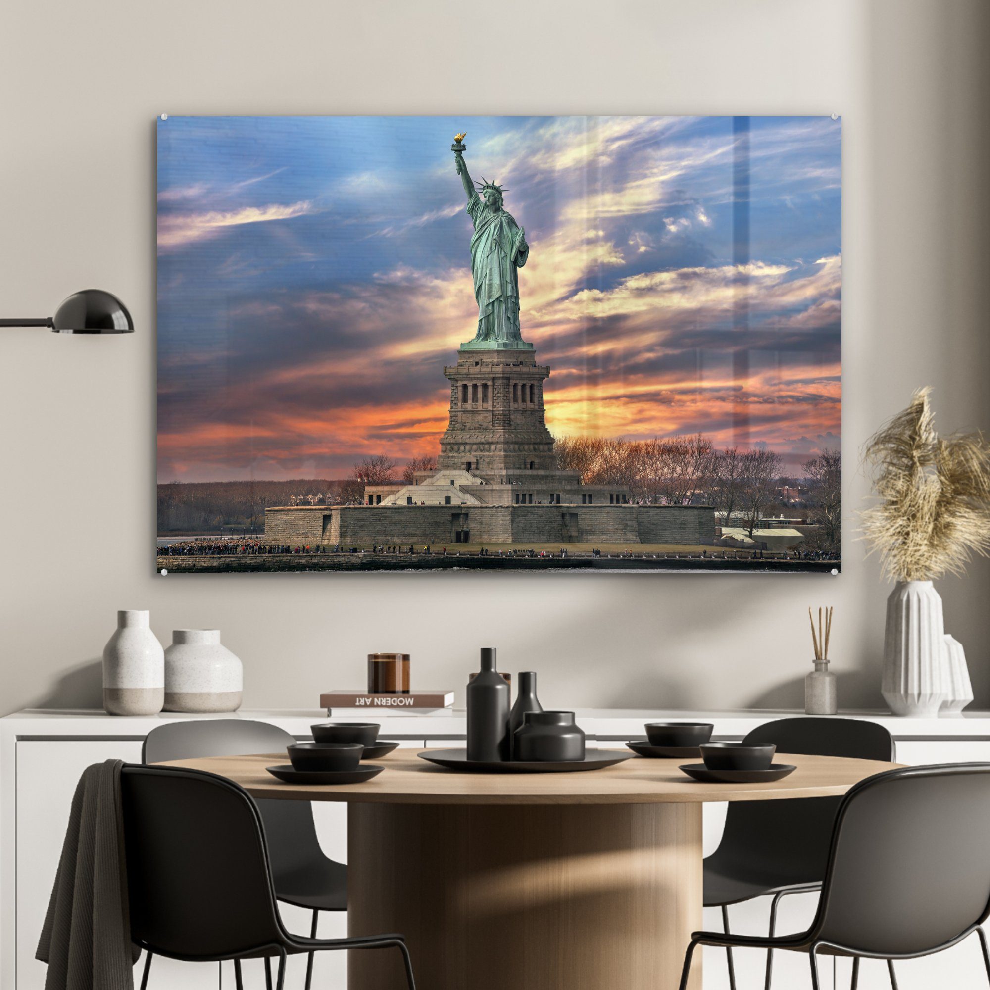 Sonnenaufgang in von USA, Schlafzimmer & Nähe bei den in New St), Freiheitsstatue (1 der Acrylglasbild MuchoWow Wohnzimmer York Acrylglasbilder