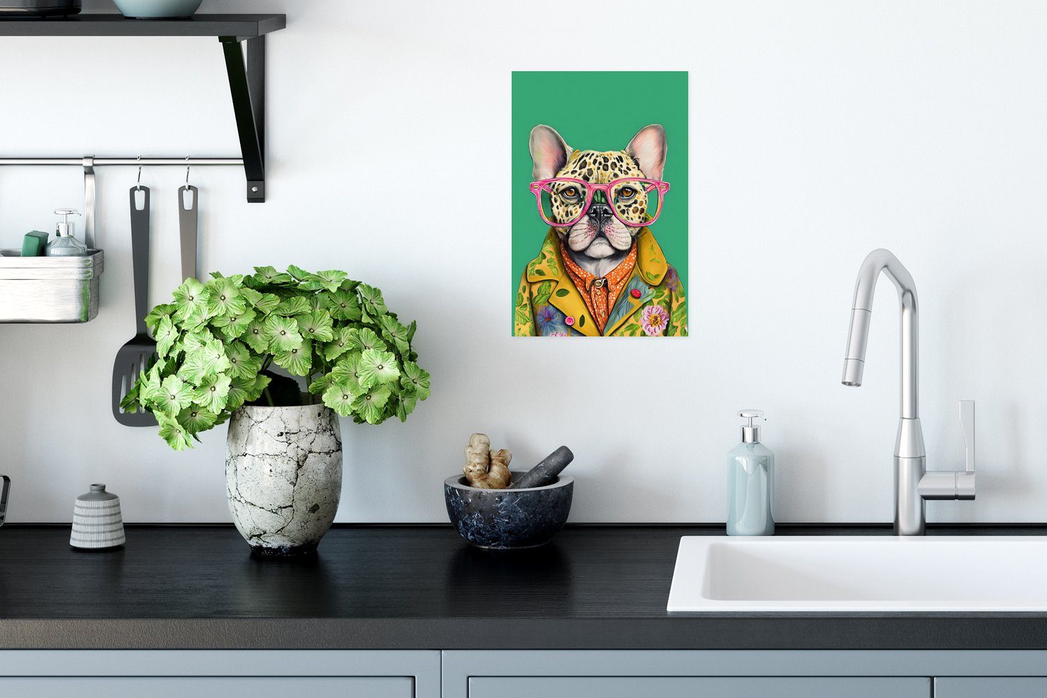 St), Rahmen Design Hund Wohnzimmer, für Wandbild, (1 - Brille Poster - MuchoWow Ohne Bulldogge Wandposter - Poster, - Tiere,