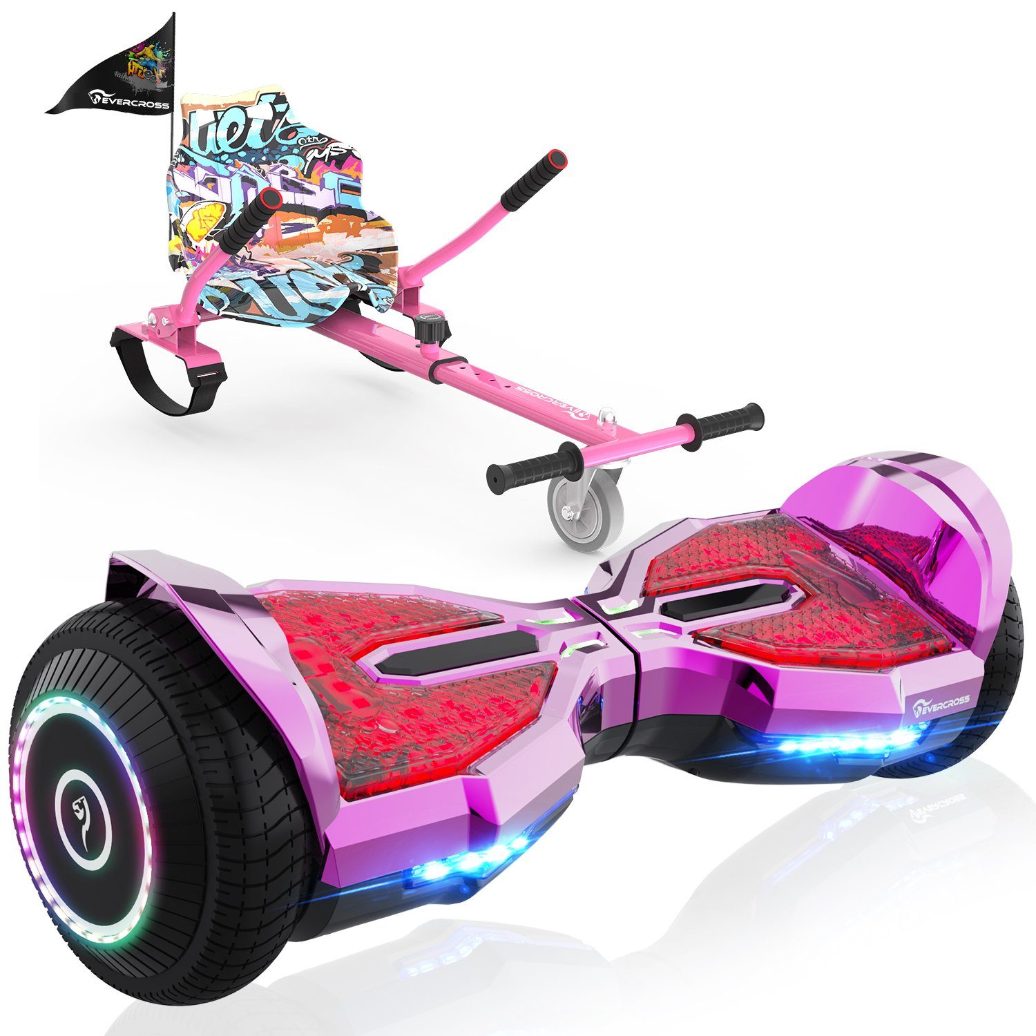 EVERCROSS TECH Balance Scooter Kart 6,5“ Hoverboard mit Sitz, EV2+ Hoverkart, bis zu 10-15 km, mit APP, Bluetooth, Geschenke für Kinder