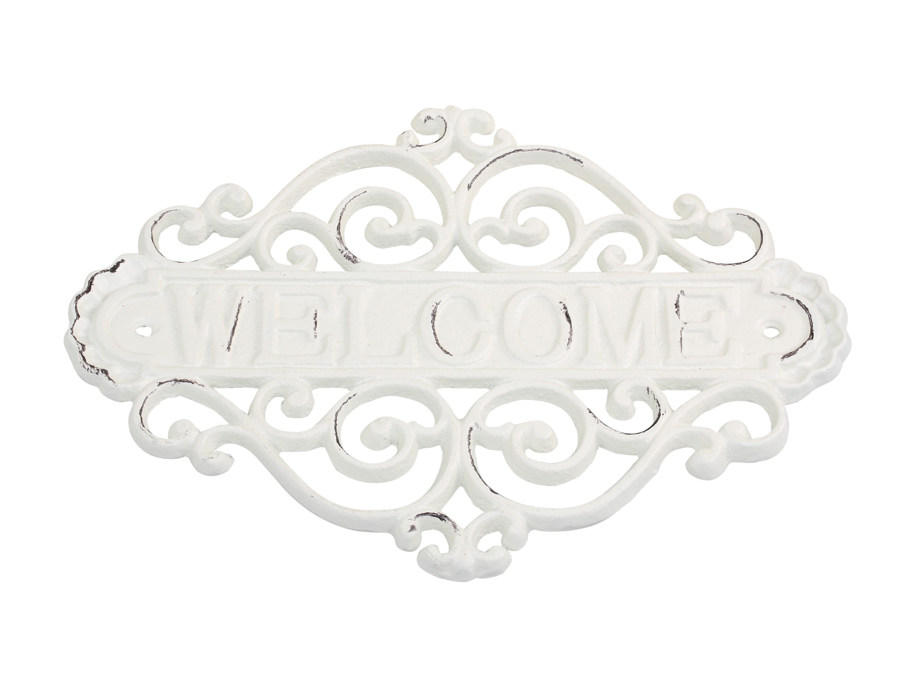 Chic Antique Wanddekoobjekt Türschild Welcome Gusseisen Shabby Look Wandschild 28 cm Dekoschild, Verspieltes Ornament Design für Landhaus und Vintage Deko