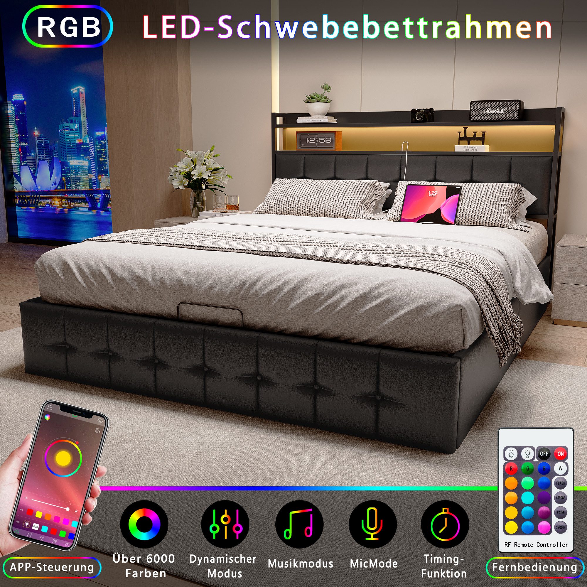 FUROKOY Polsterbett LED-Beleuchtung Hydraulisches Doppelbett (1-tlg., günstig online kaufen