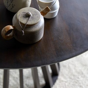 Tikamoon Esstisch Greco Runder Tisch aus massivem Mangoholz und Metall für 5 Personen