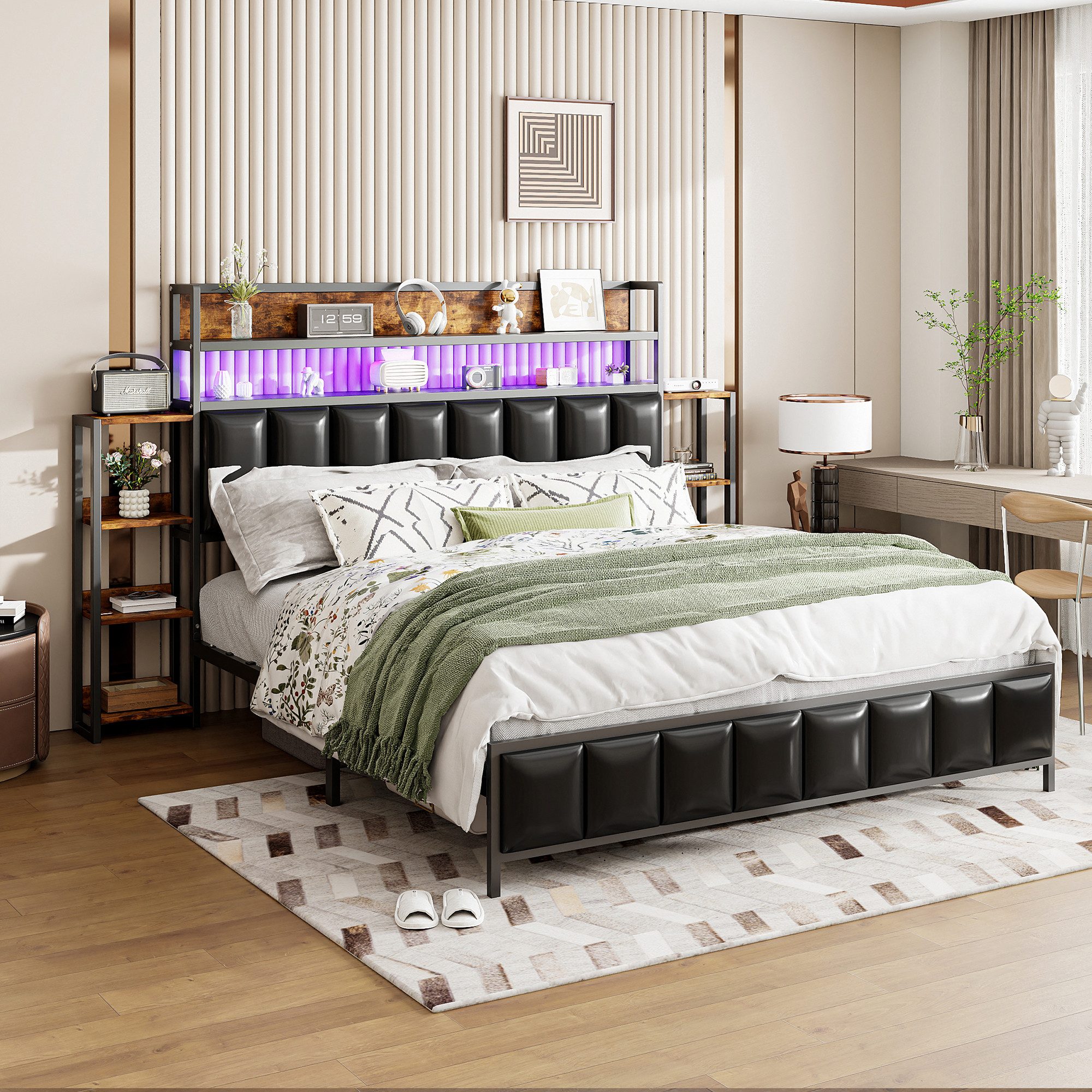 Flieks Metallbett, LED Kunstleder-Polsterbett Doppelbett 160x200cm günstig online kaufen