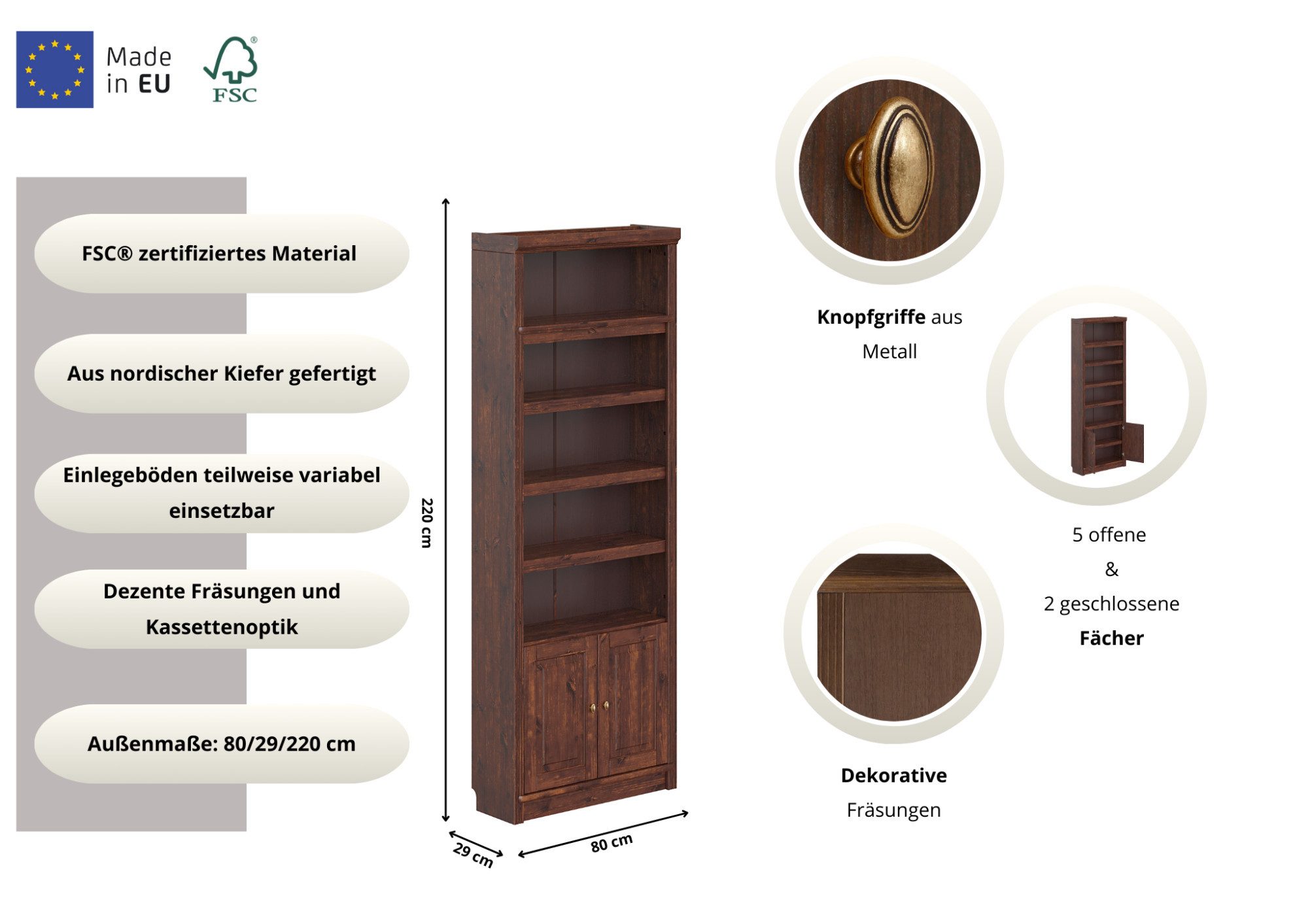 OTTO home Bücherregal mit 2 Türen Soeren Regal Aktenregal B/T/H: 80/29/220 cm, massive Kiefer, FSC®-zertifiziert