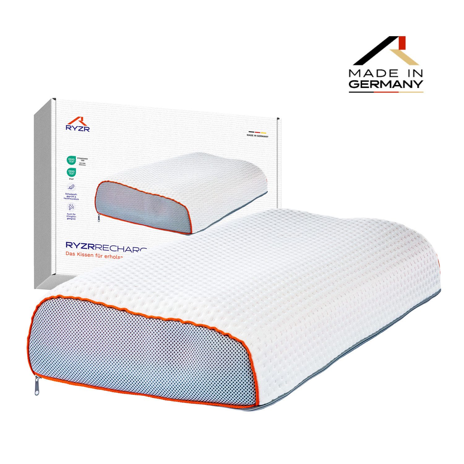 RYZR Nackenstützkissen RYZR Recharge Stay - ergonomisches Kopfkissen für erholsamen Schlaf, Rückenschläfer, Seitenschläfer, Bauchschläfer, atmungsaktiv & individuell höhenverstellbar
