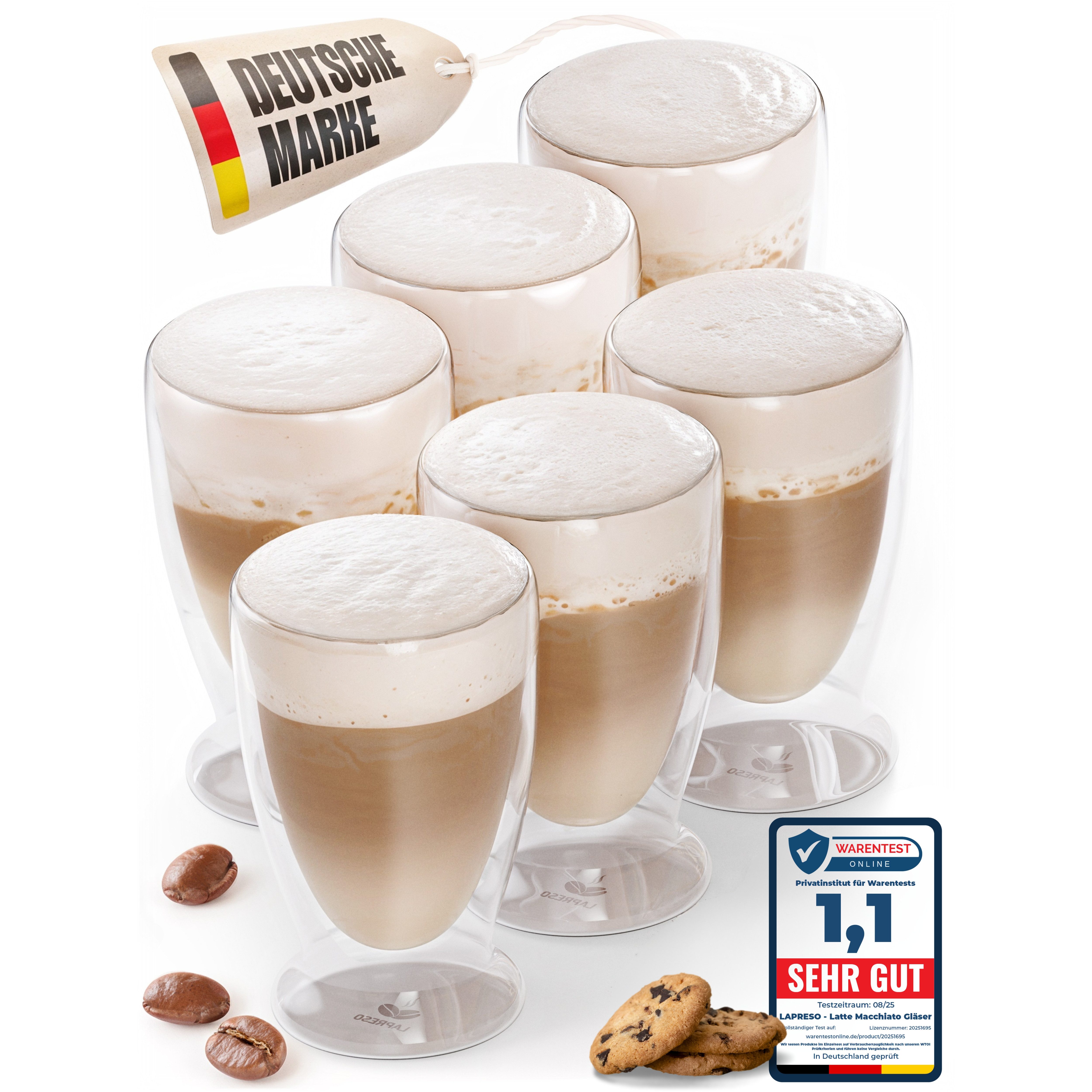 LAPRESO Latte-Macchiato-Glas Doppelwandig Thermogläser Кавові склянки Set 300 ml, 7-tlg., Borosilikatglas, 6er Set