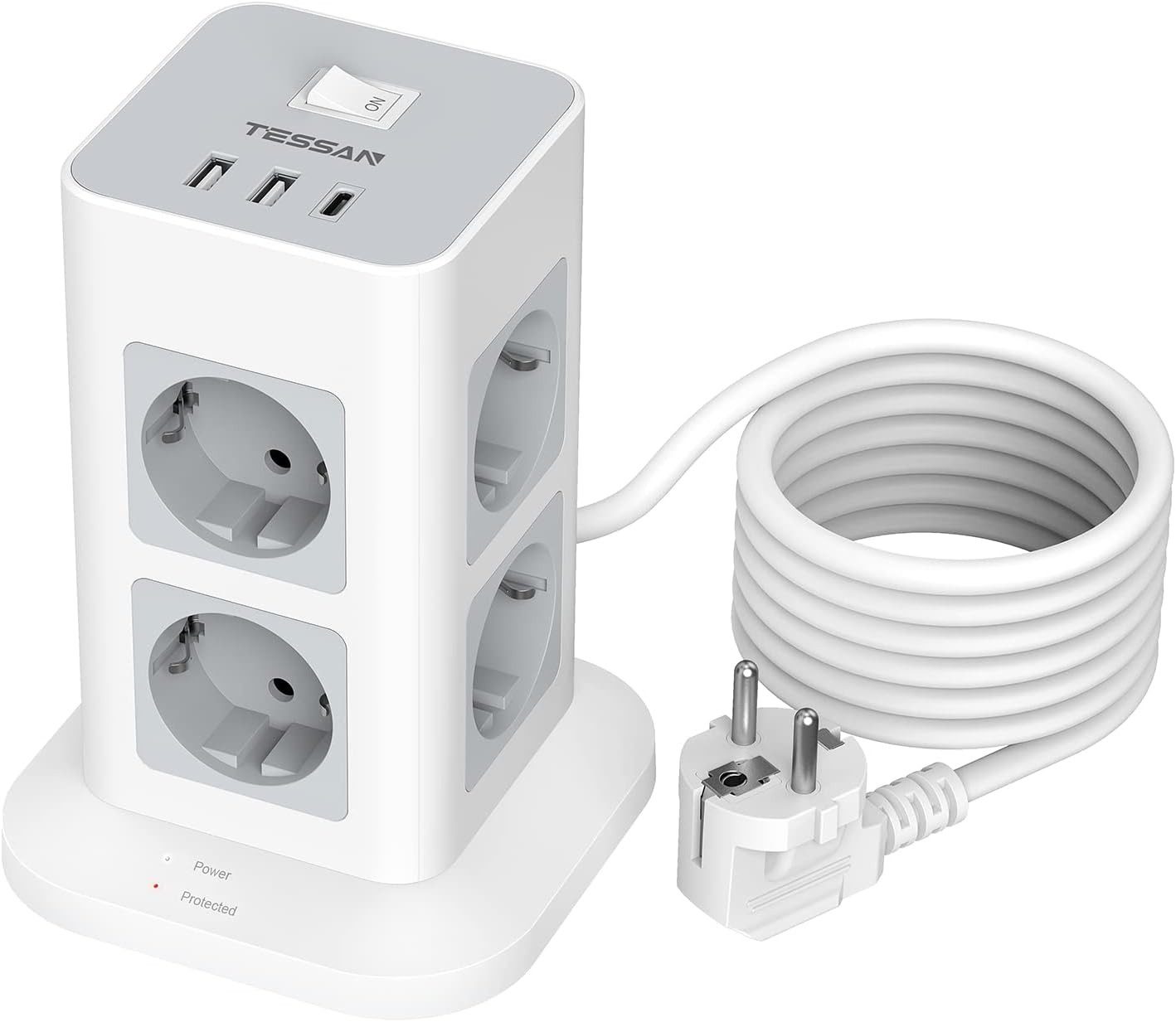 TESSAN 8 Fach Mehrfachsteckdose 3 USB(2USB,1 USB C) Steckdosenleiste Kabel 2m Mehrfachsteckdose (Ein- / Ausschalter, USB-Anschlüsse)