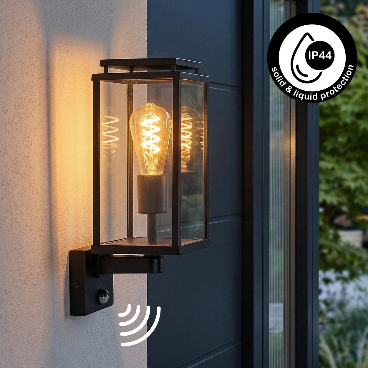 hofstein Außen-Wandleuchte Außenleuchte mit Bewegungsmelder aus Metall/Glas in Schwarz/Klar, ohne Leuchtmittel, Wandlampe für Eingangsbereich/Hof, 1 x E27, ohne Leuchtmittel, IP44