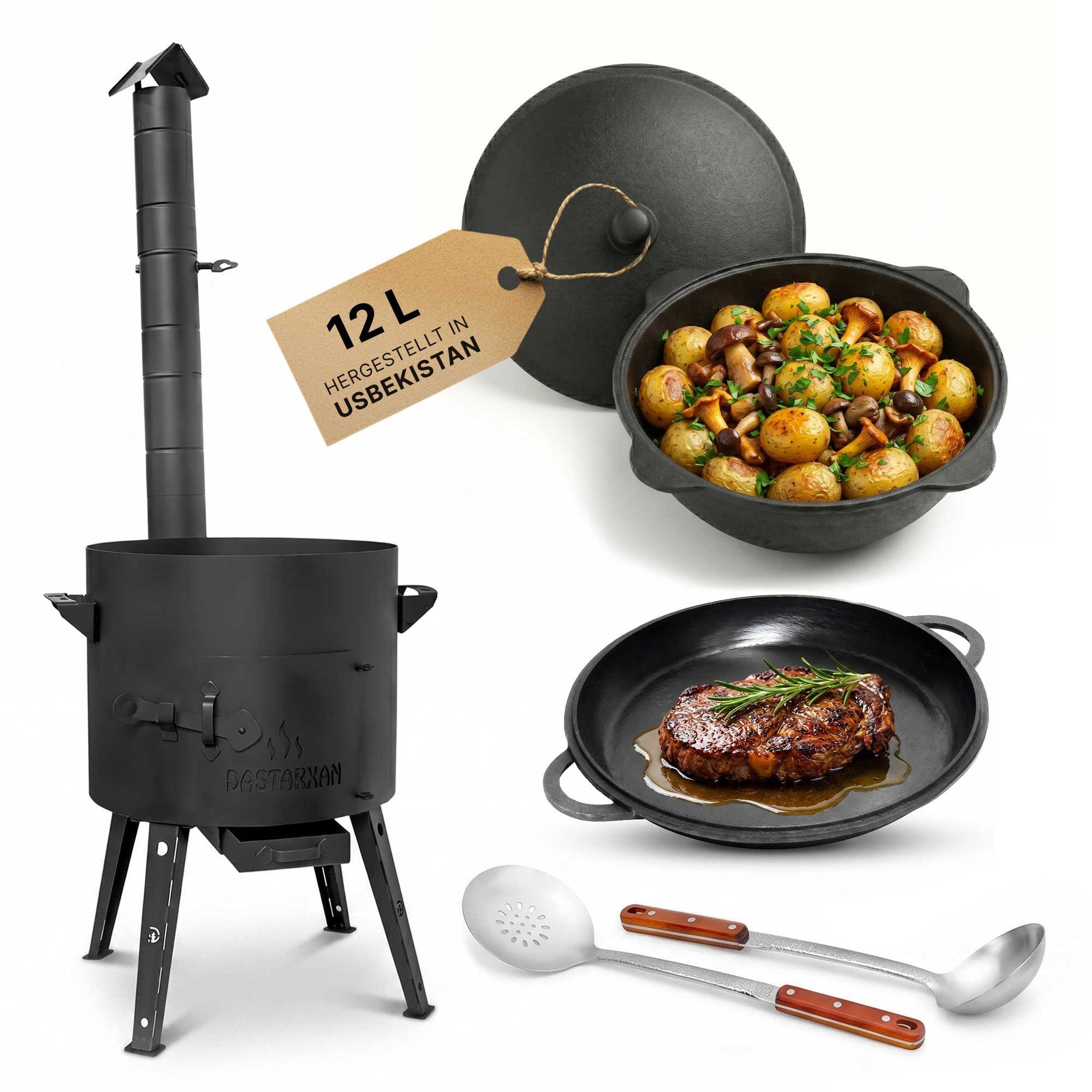 BIG-PAN Feuerstelle Outdoor Kochset Utschak 12L Gusseisen Kazan Dutch Oven komplett Set, (Eintopfofen BBQ Grill Set Outdoor, Campingofen Feldküche), 2mm Stahl mit Abzugsrohr und Aschekasten