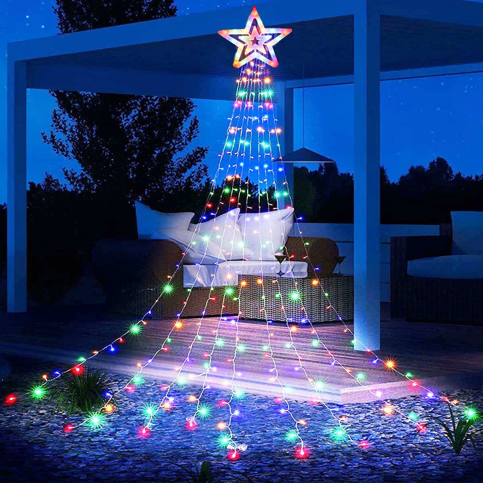 ein Stern, Wasserfall Fee LED-Lichterkette LETGOSPT Weihnachts Lichterkette Modi,230V, großer bunt 350 Dekoration Lichter mit Wasserfall LEDs IP44 8