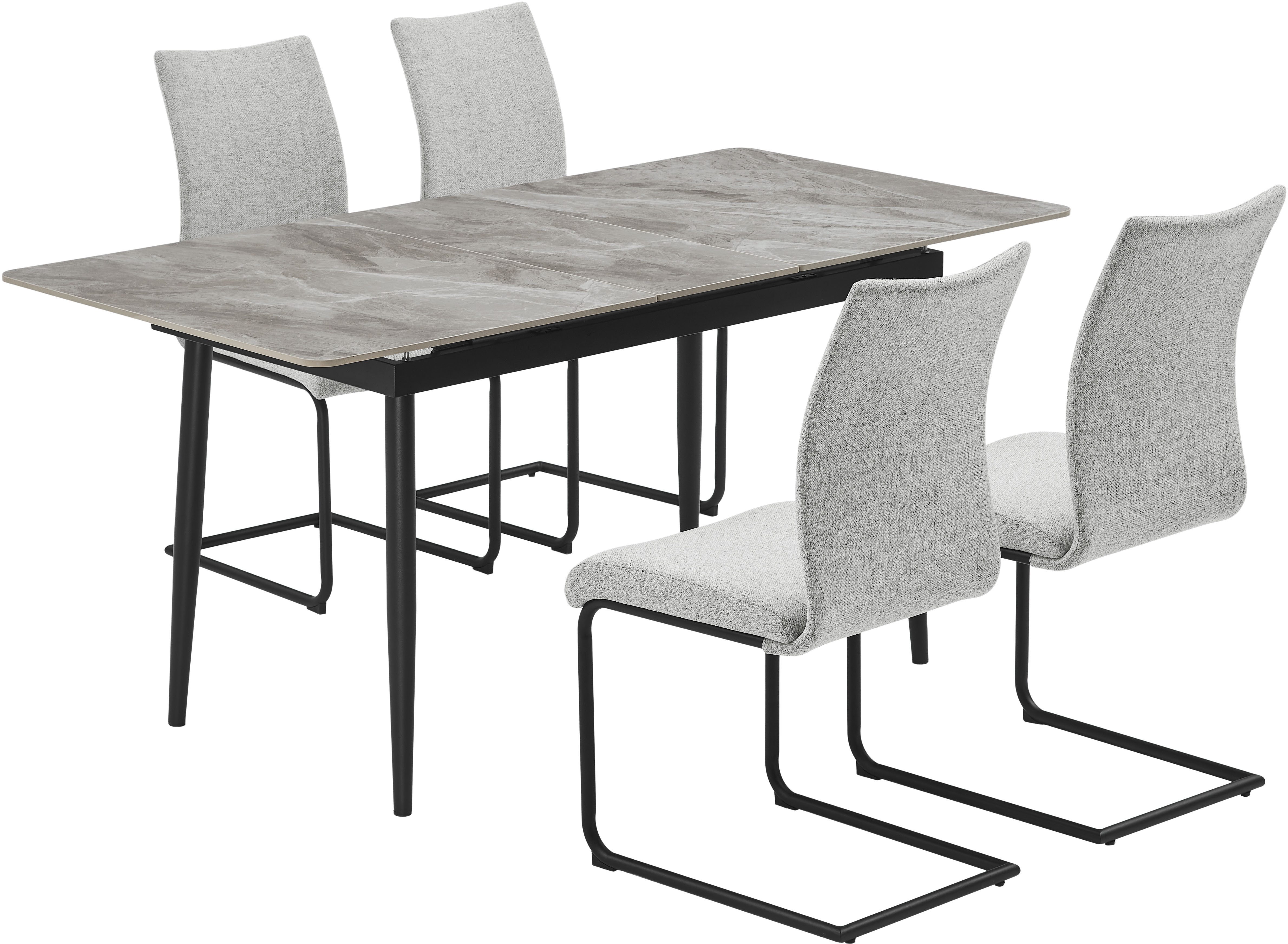 OTTO home Essgruppe Stevian, (Set, 5-tlg., Ausziehbarer Esstisch + 4 Stühle), Holz, Strukturstoffbezug, Freischwingerstühle, gesteppten Bänken