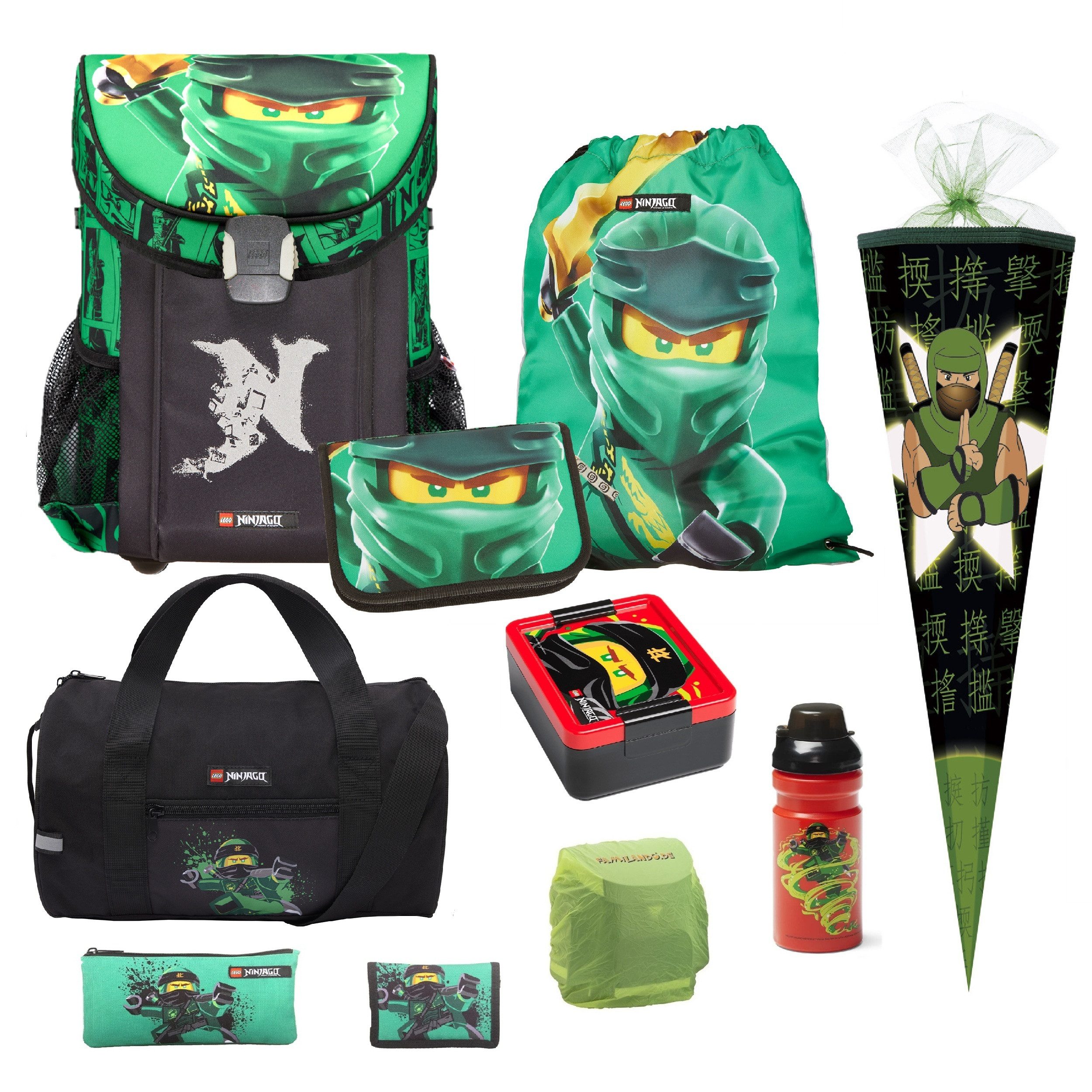 LEGO® Bags Schulranzen Lego Ninjago Einschulungs-Set "Easy" mit Sporttasche und Schultüte (Set, 10-tlg., mit Dose, Flasche, Sporttasche und Schultüte 85cm), ab der 1. Klasse, Ultra-Leicht, 16L Volumen, wasserabweisend