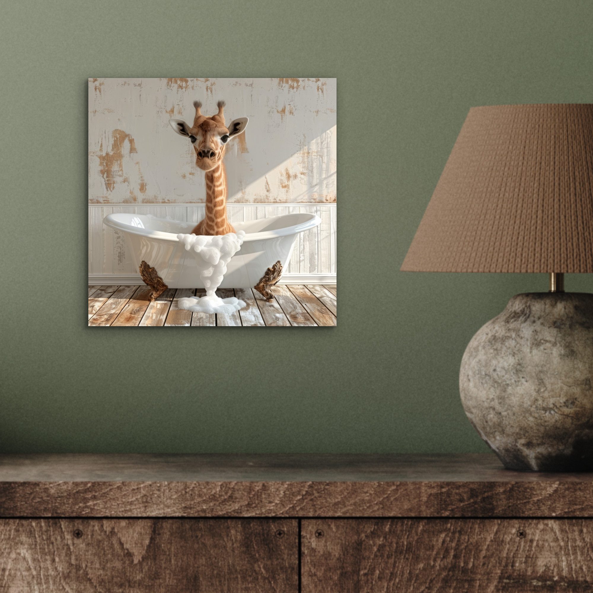MuchoWow Metallbild Giraffe - Badewanne - Vintage - Tiere, Inkl. Aufhängung, Metallbilder Badezimmer, Toilette Bilder aus Metall, 20x20 cm – Bild 4 von 5
