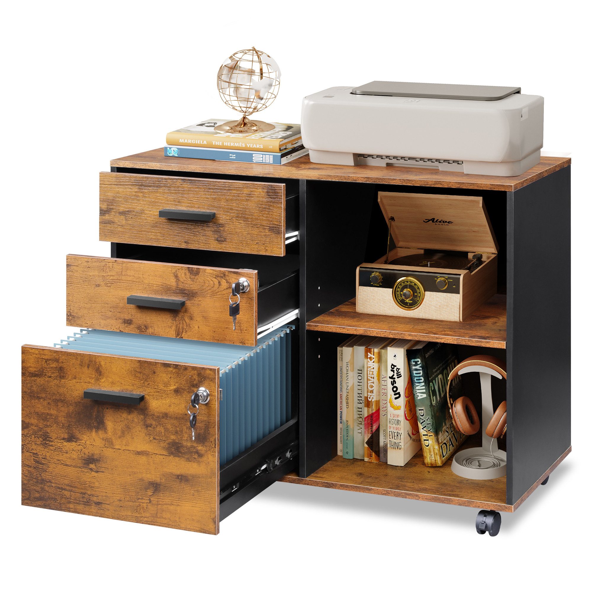 DEVAISE Aktenschrank Rollcontainer mit 3 abschließbaren Schubladen & offenem Fach, (80×40×63 cm) mobiler Aktenschrank auf Rollen, Hängeregistratur Letter