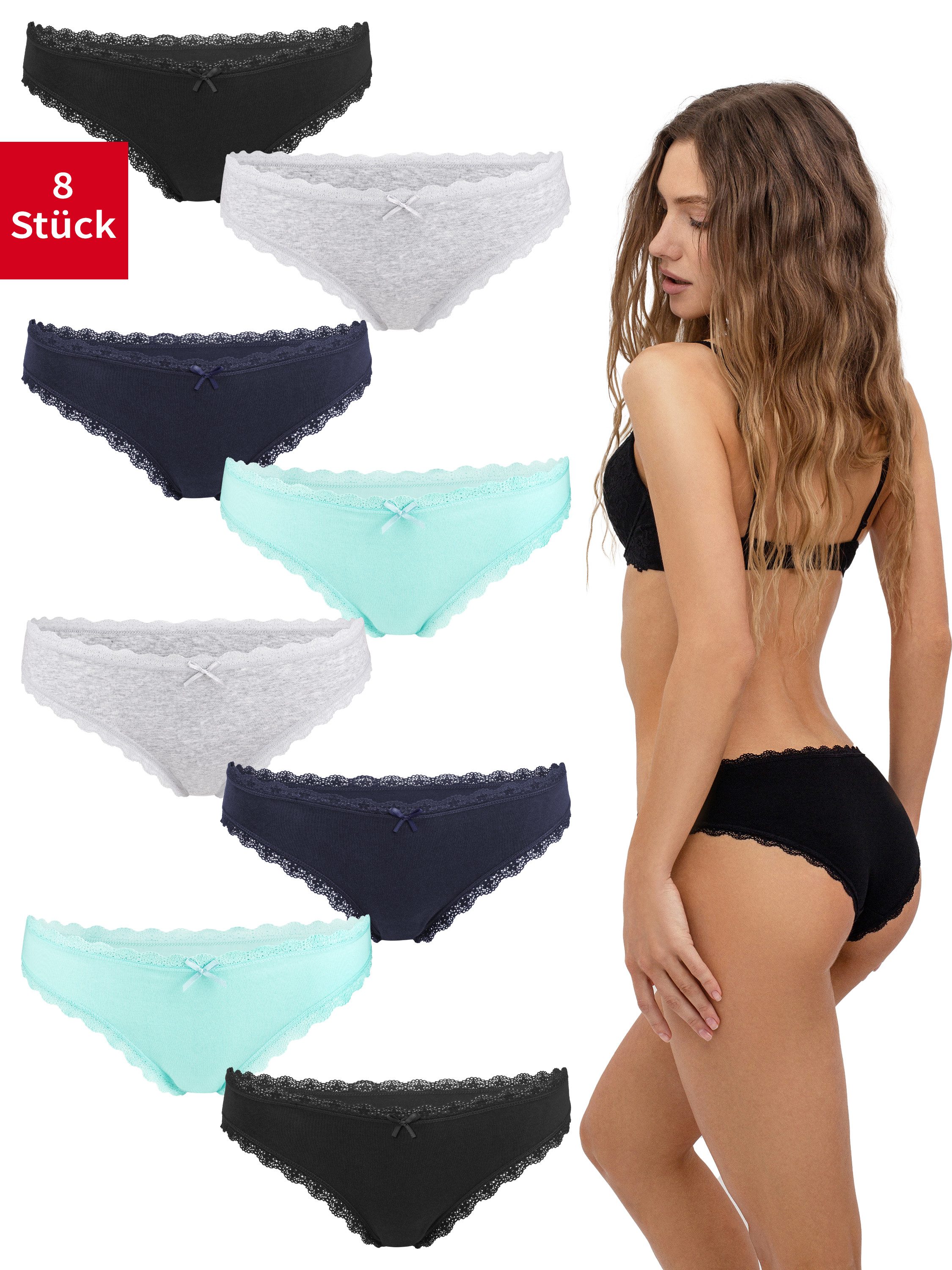 Fabio Farini Panty Damen Bikinislip - Unterhosen aus weicher Baumwolle mit Stretch-Anteil (Packung, 8-St) im Bikini-Style mit Schleifchen und dezenter Spitze