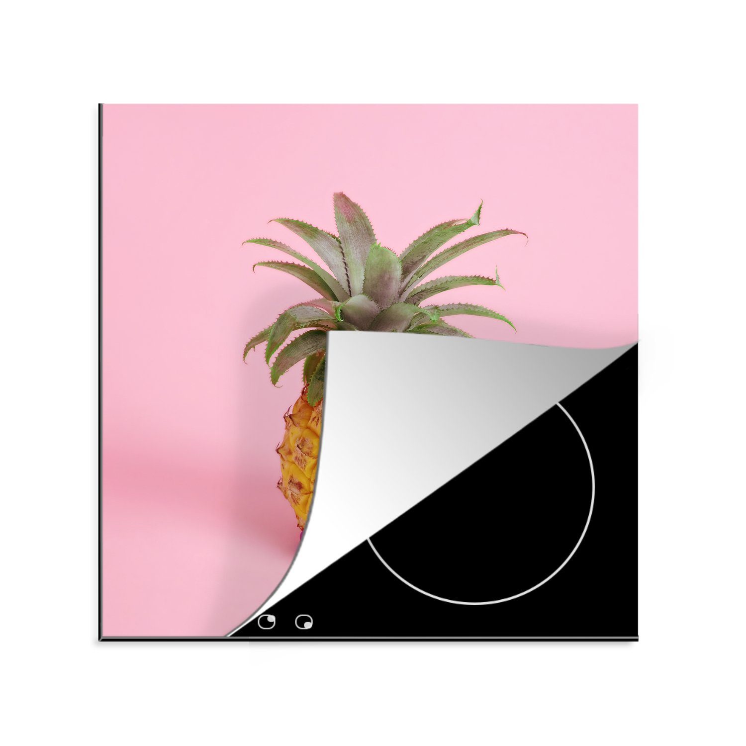 MuchoWow Herdblende-/Abdeckplatte Ananas mit Gesicht aus falschen Lippen und Kulleraugen, Vinyl, (1 tlg), 78x78 cm, Ceranfeldabdeckung, Arbeitsplatte für küche