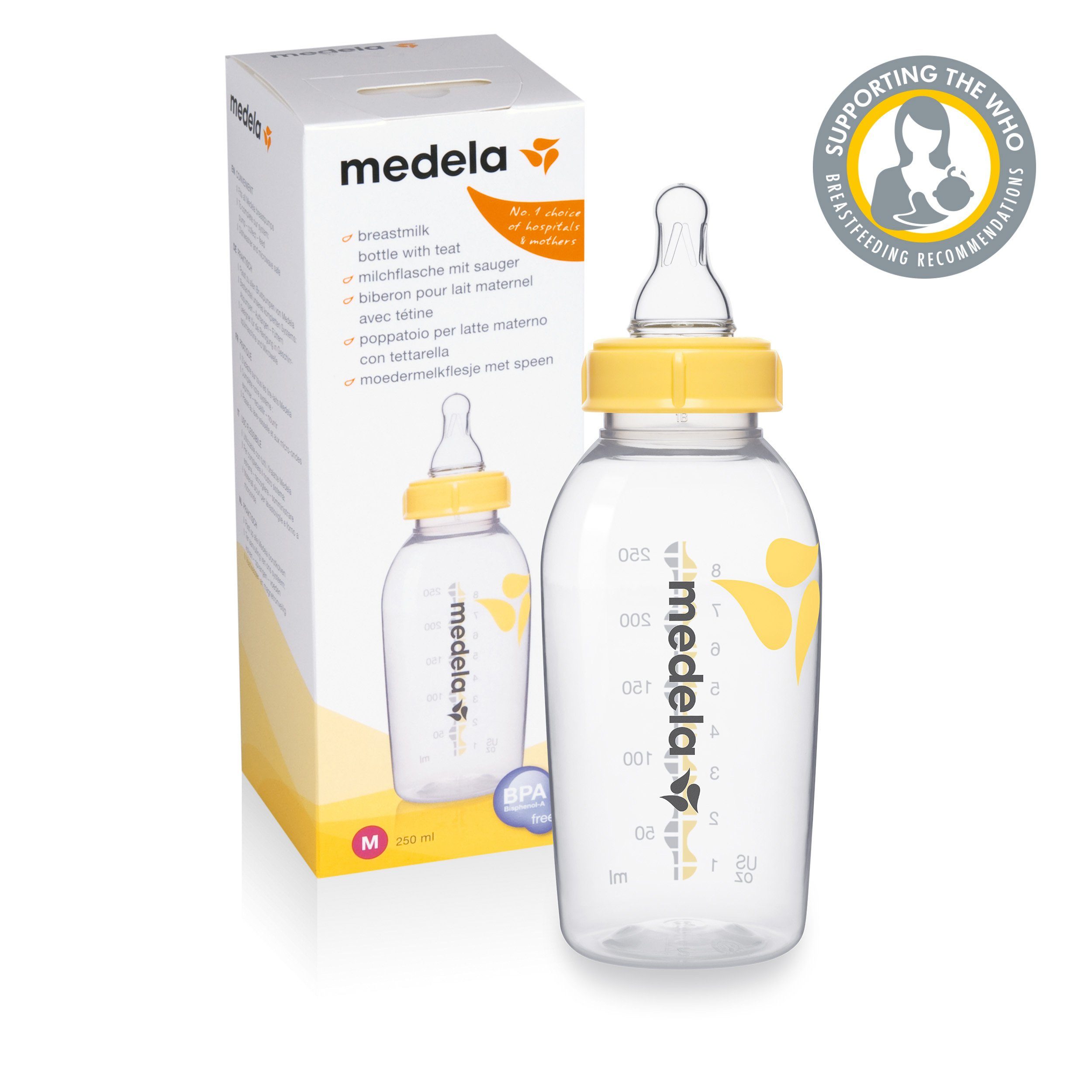 MEDELA Babyflasche Medium Flow Milchsauger + 250 ml Muttermilchflasche bruchsicher