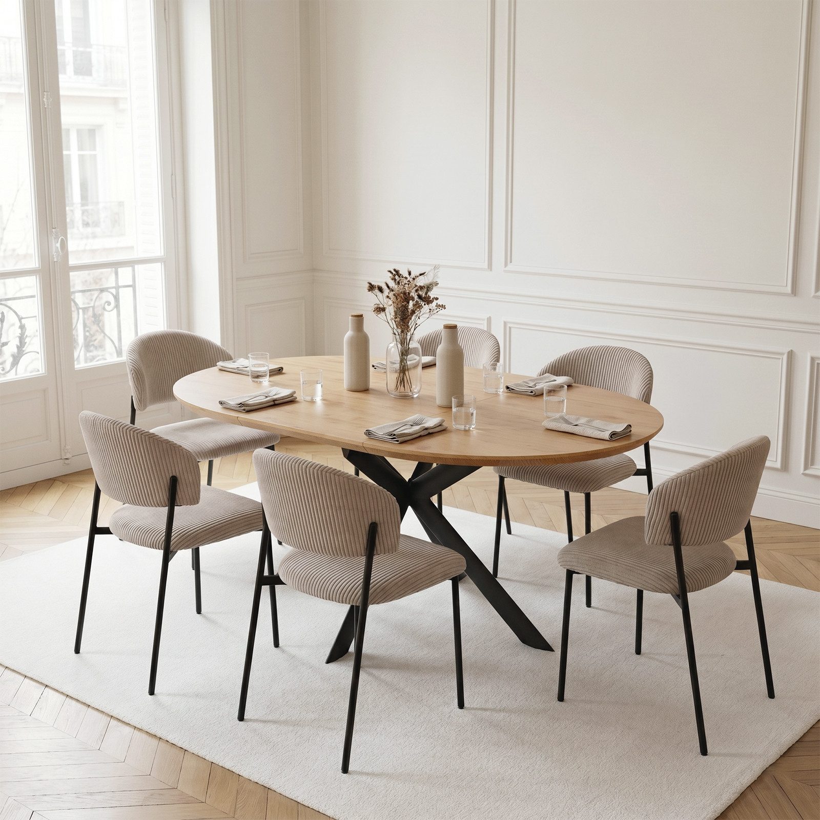 Jiexi Essgruppe Essgruppe ausziehbar rund bis oval MDF Tisch mit Cordstühlen