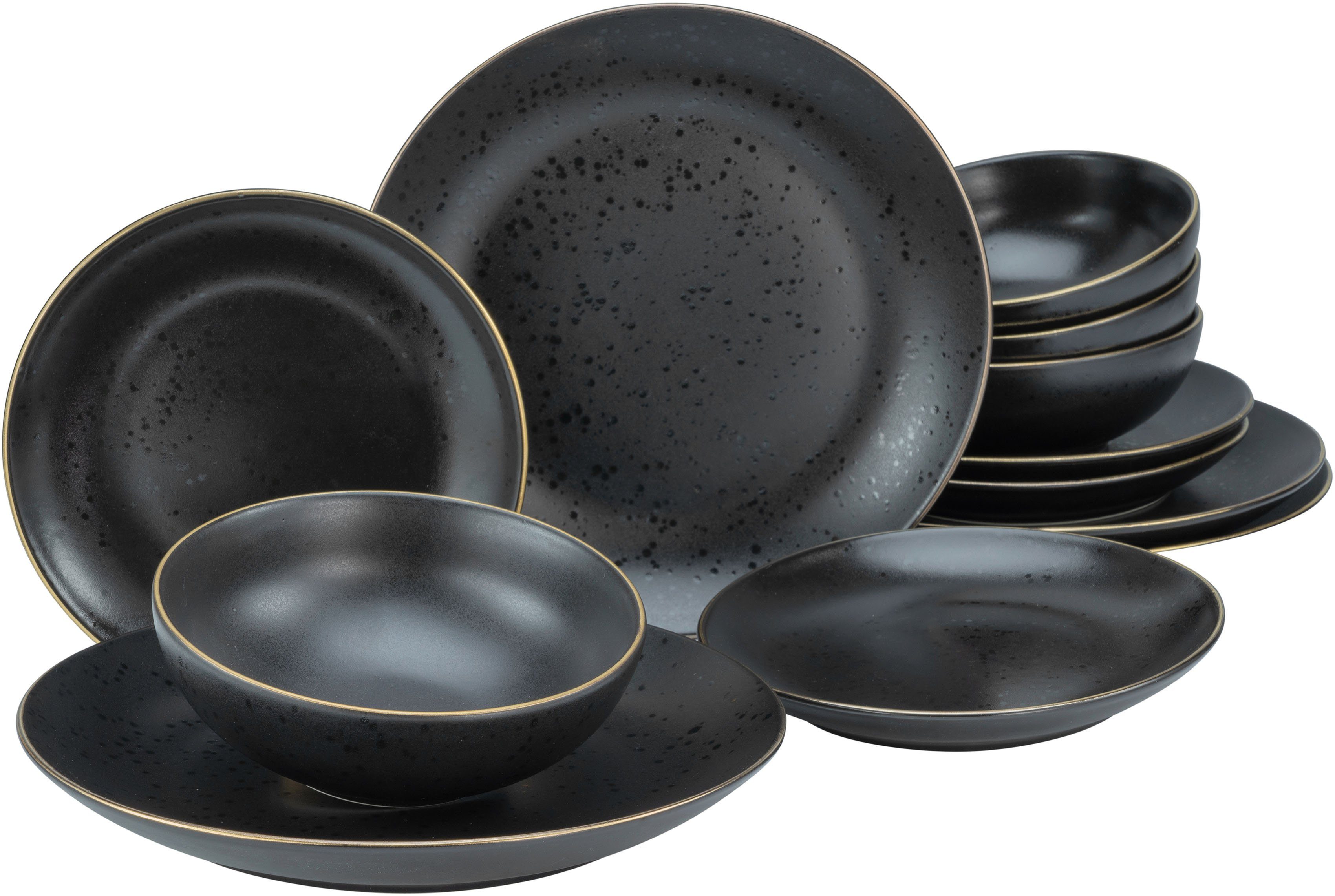 CreaTable Teller-Set Geschirr-Set Industrial (12-tlg), 4 Personen, Steinzeug, Teller Set, Service, schwarz, Goldrand, 12 Teile, für 4 Personen
